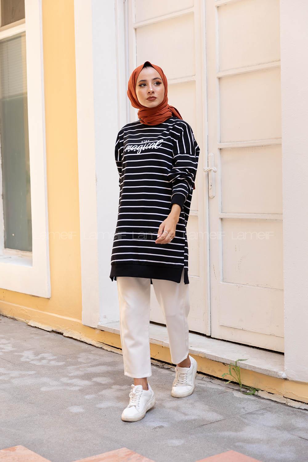 Modalamelif Çizgili Stay Magical Sweatshirt Siyah