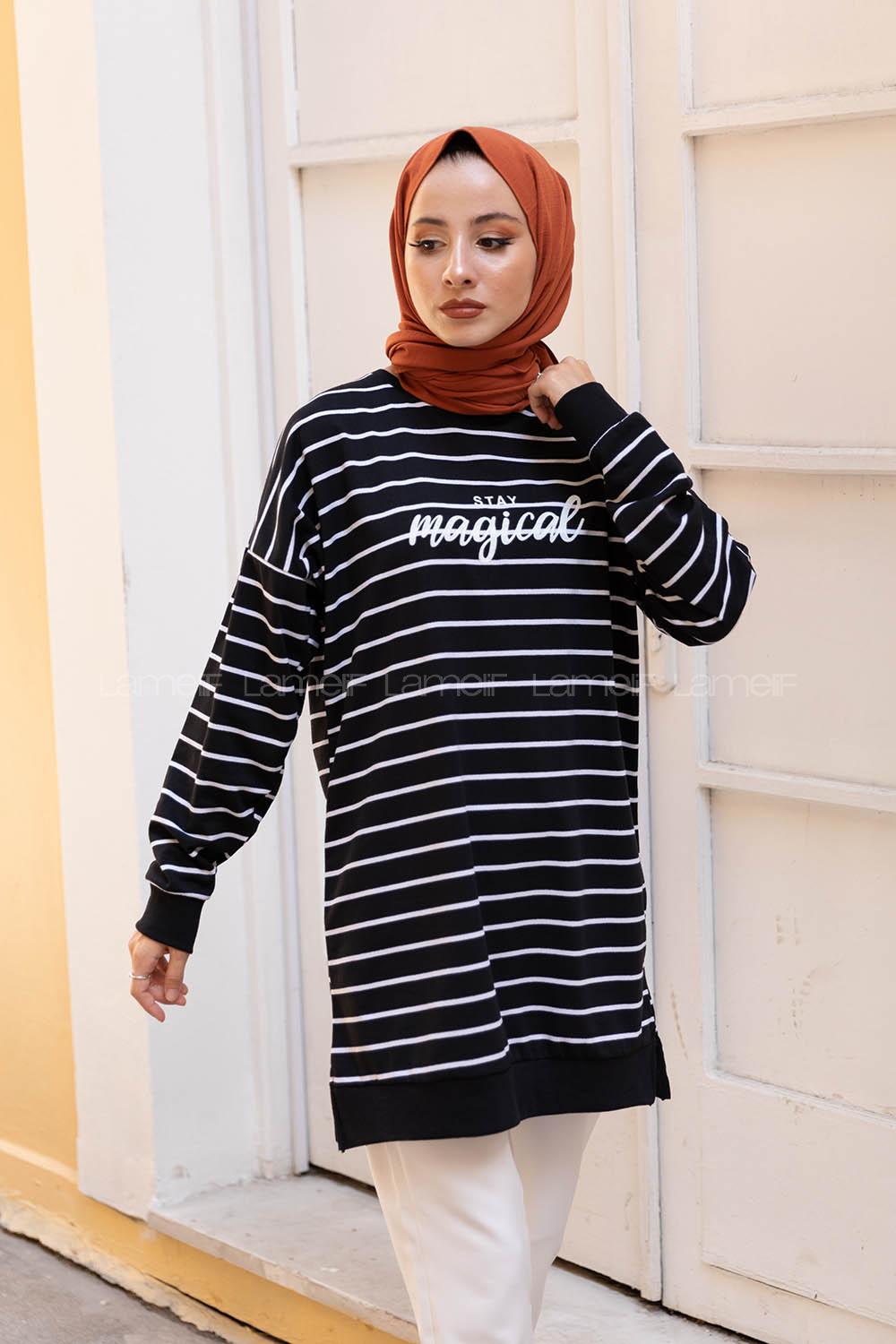 Modalamelif Çizgili Stay Magical Sweatshirt Siyah