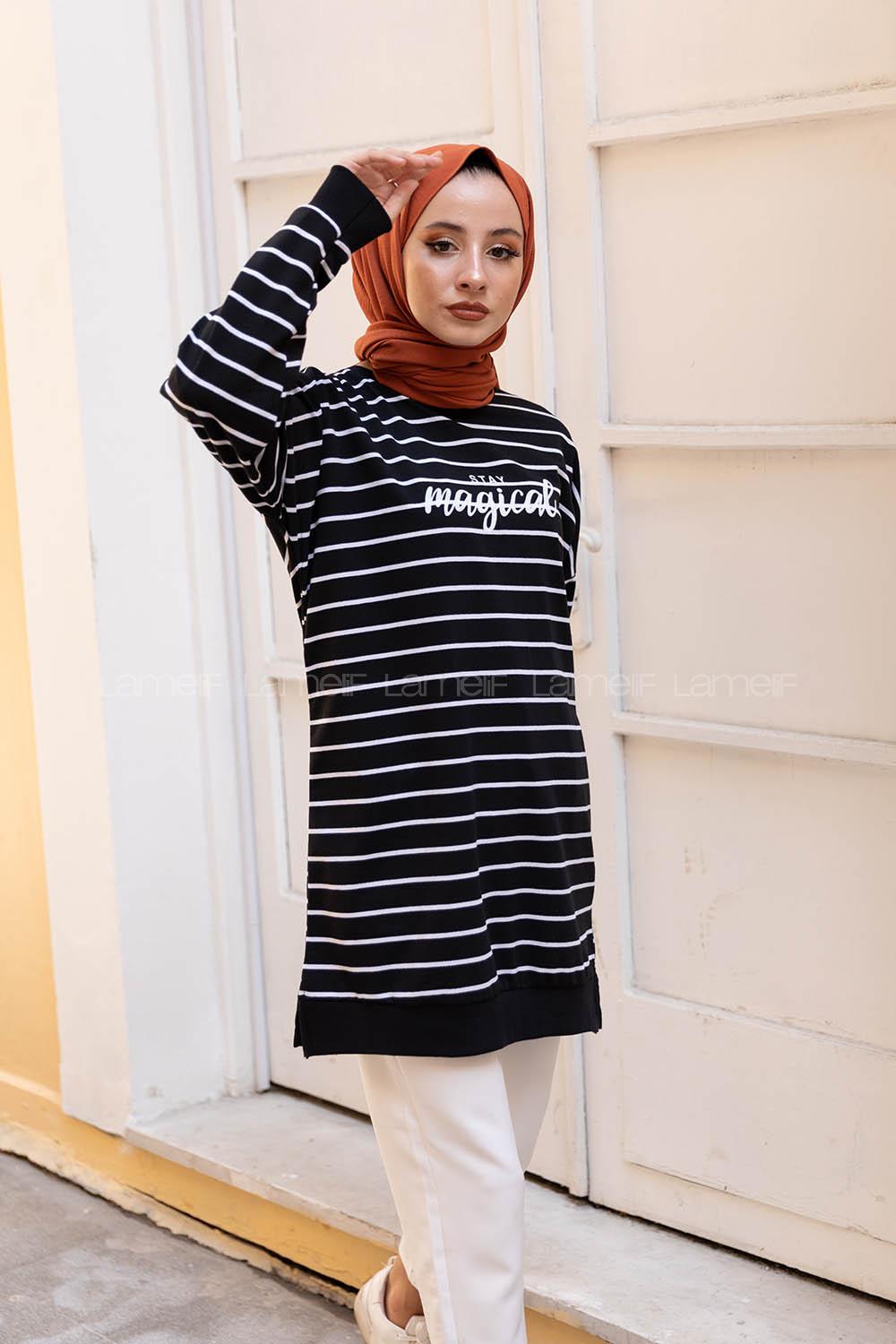 Modalamelif Çizgili Stay Magical Sweatshirt Siyah