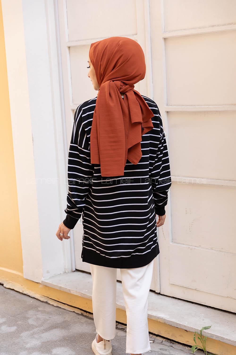 Modalamelif Çizgili Stay Magical Sweatshirt Siyah