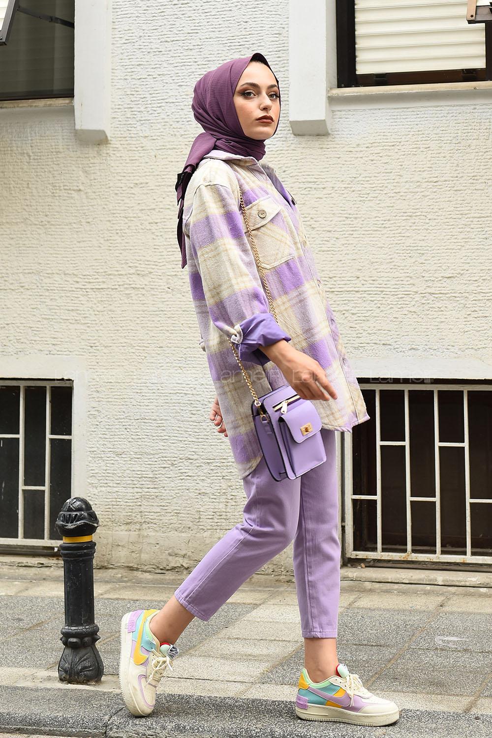 Modalamelif Ekose Desen Ovallı Gömlek Lila