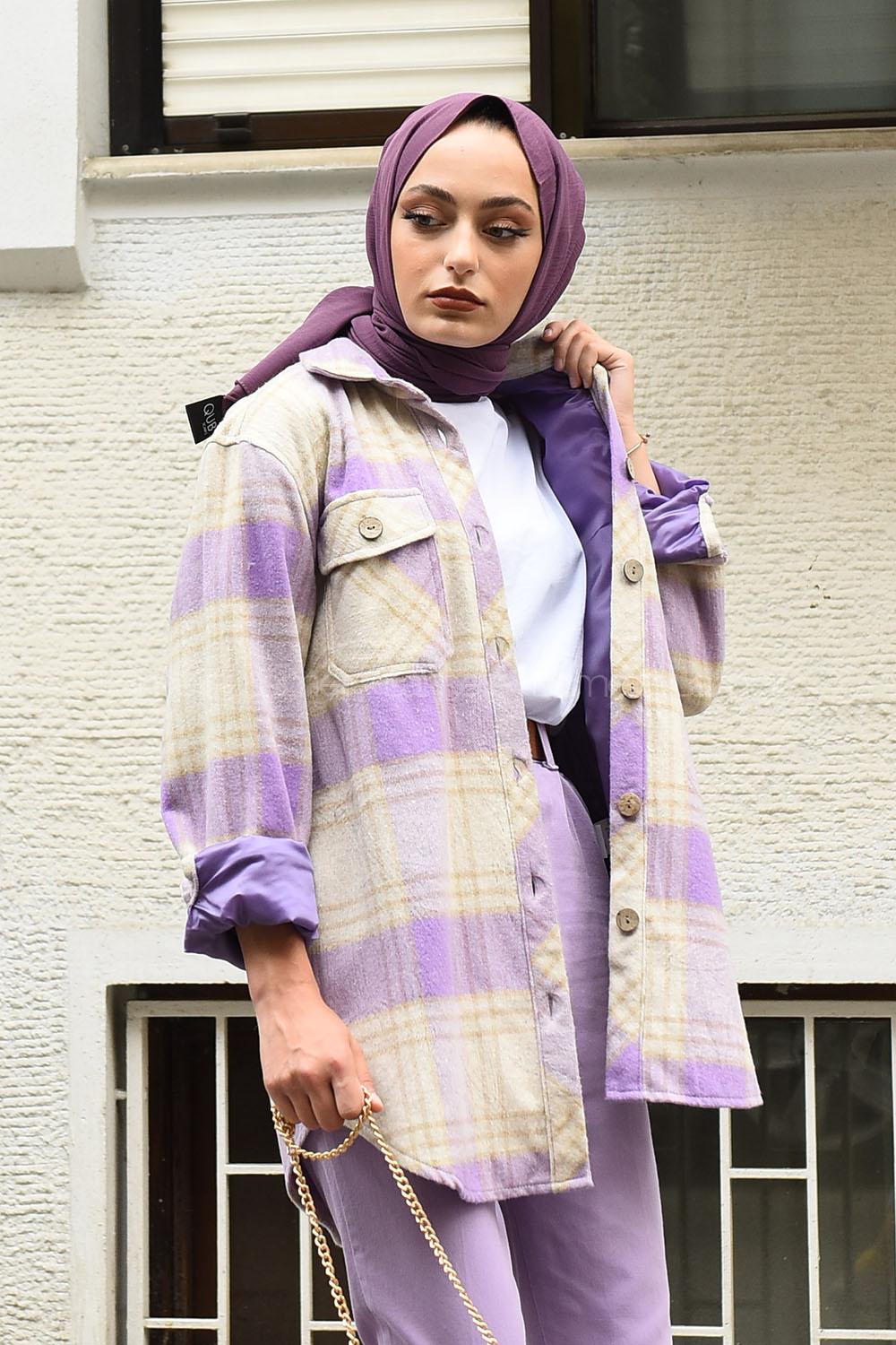 Modalamelif Ekose Desen Ovallı Gömlek Lila