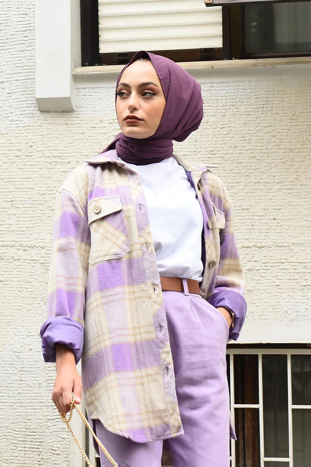 Modalamelif Ekose Desen Ovallı Gömlek Lila