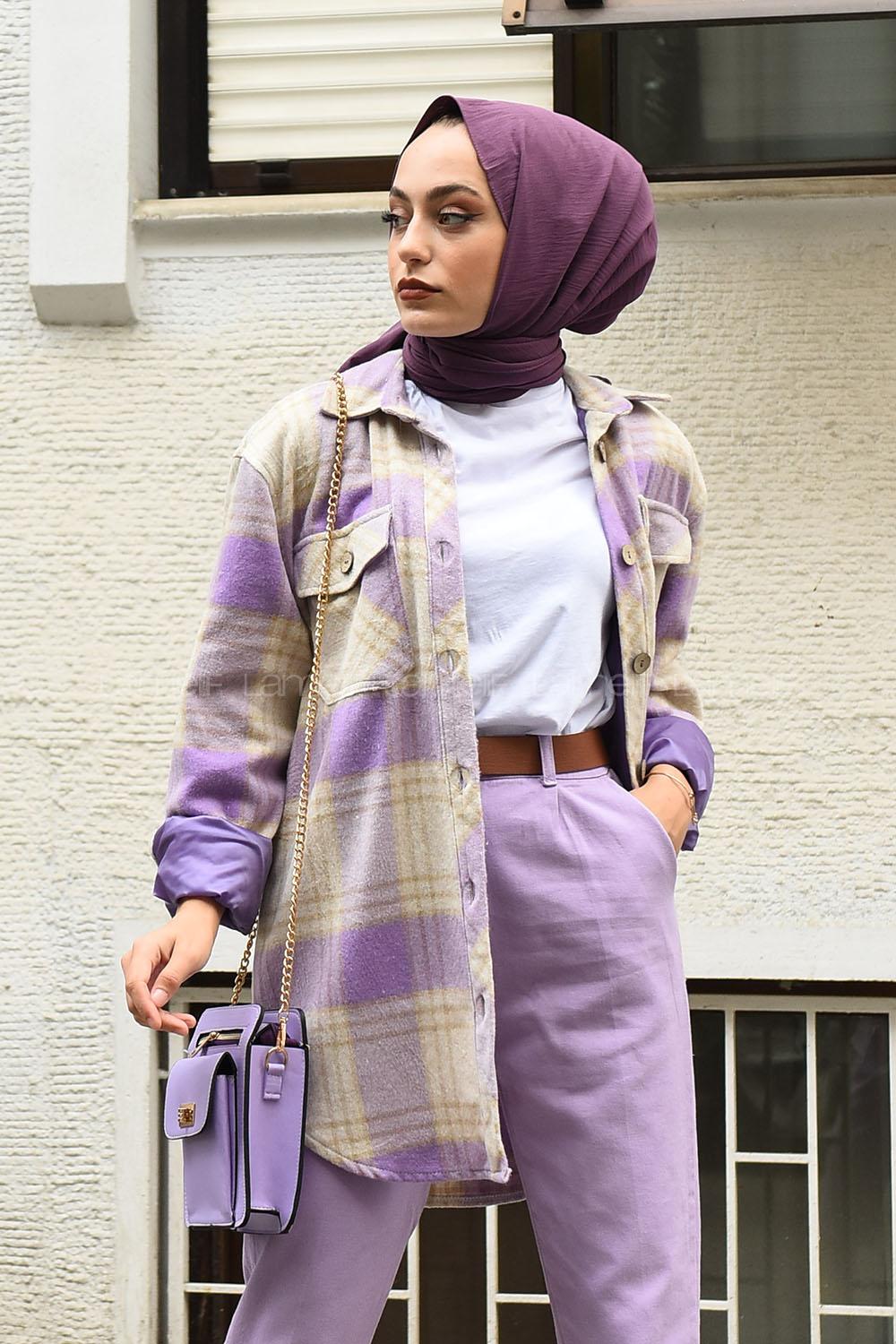 Modalamelif Ekose Desen Ovallı Gömlek Lila