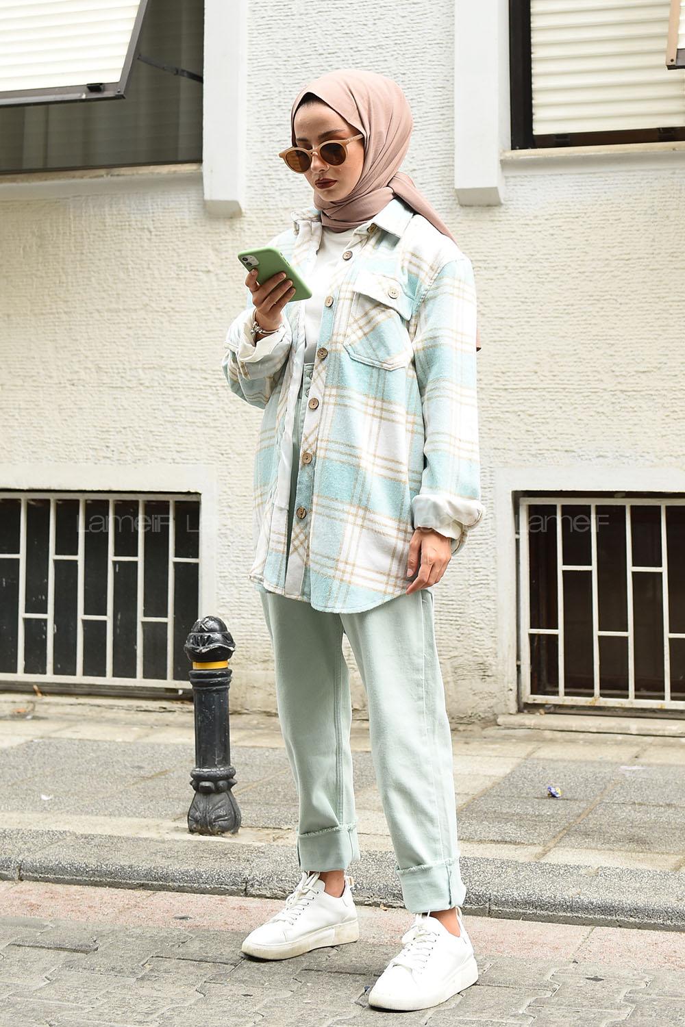 Modalamelif Ekose Desen Ovallı Gömlek Mint