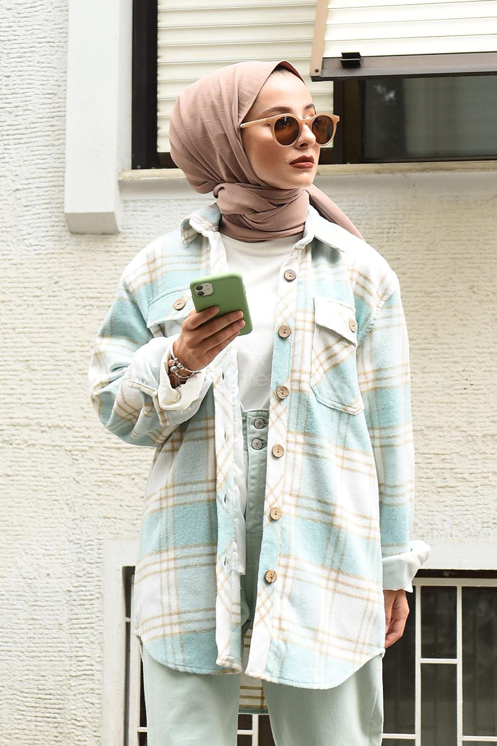 Modalamelif Ekose Desen Ovallı Gömlek Mint