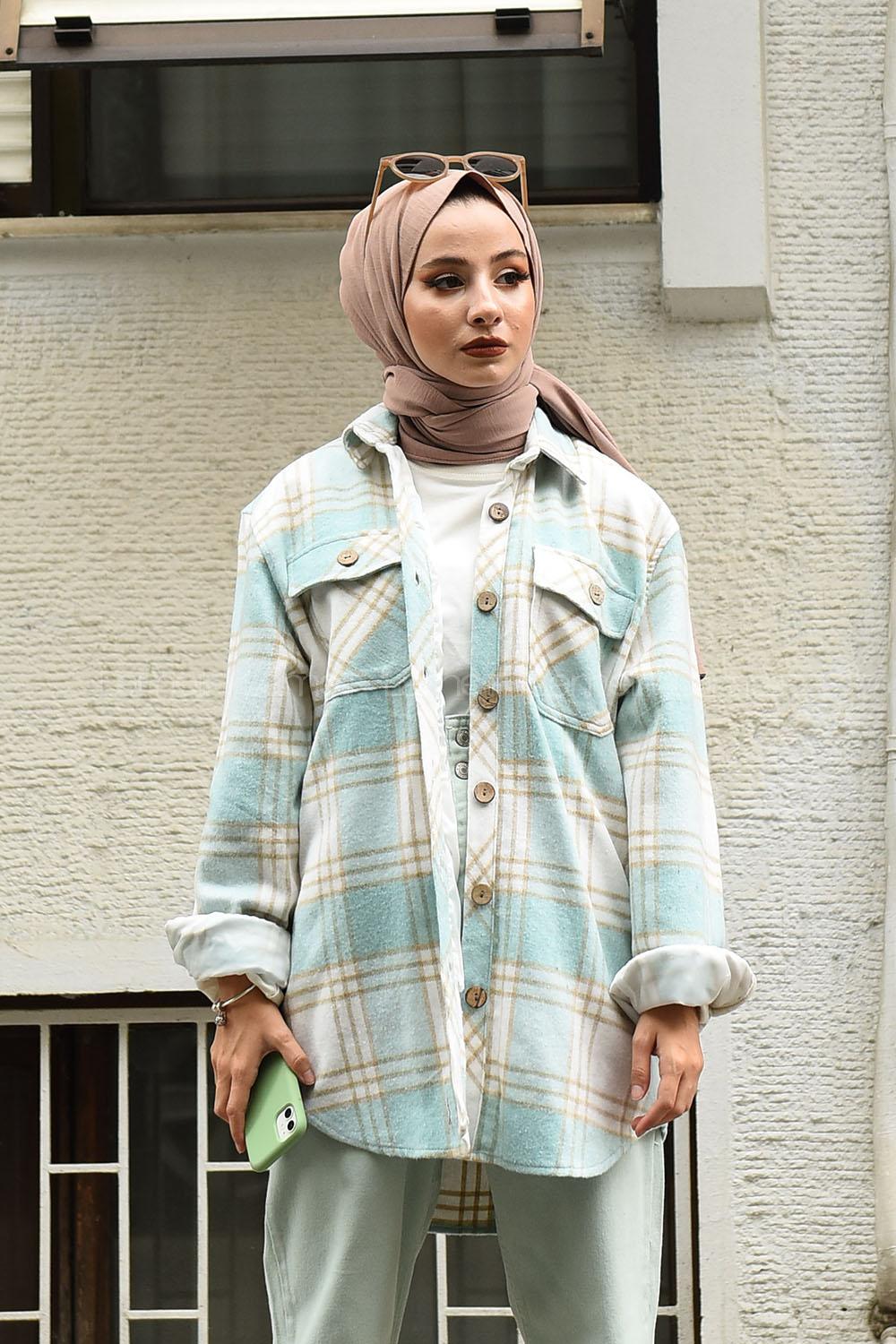 Modalamelif Ekose Desen Ovallı Gömlek Mint