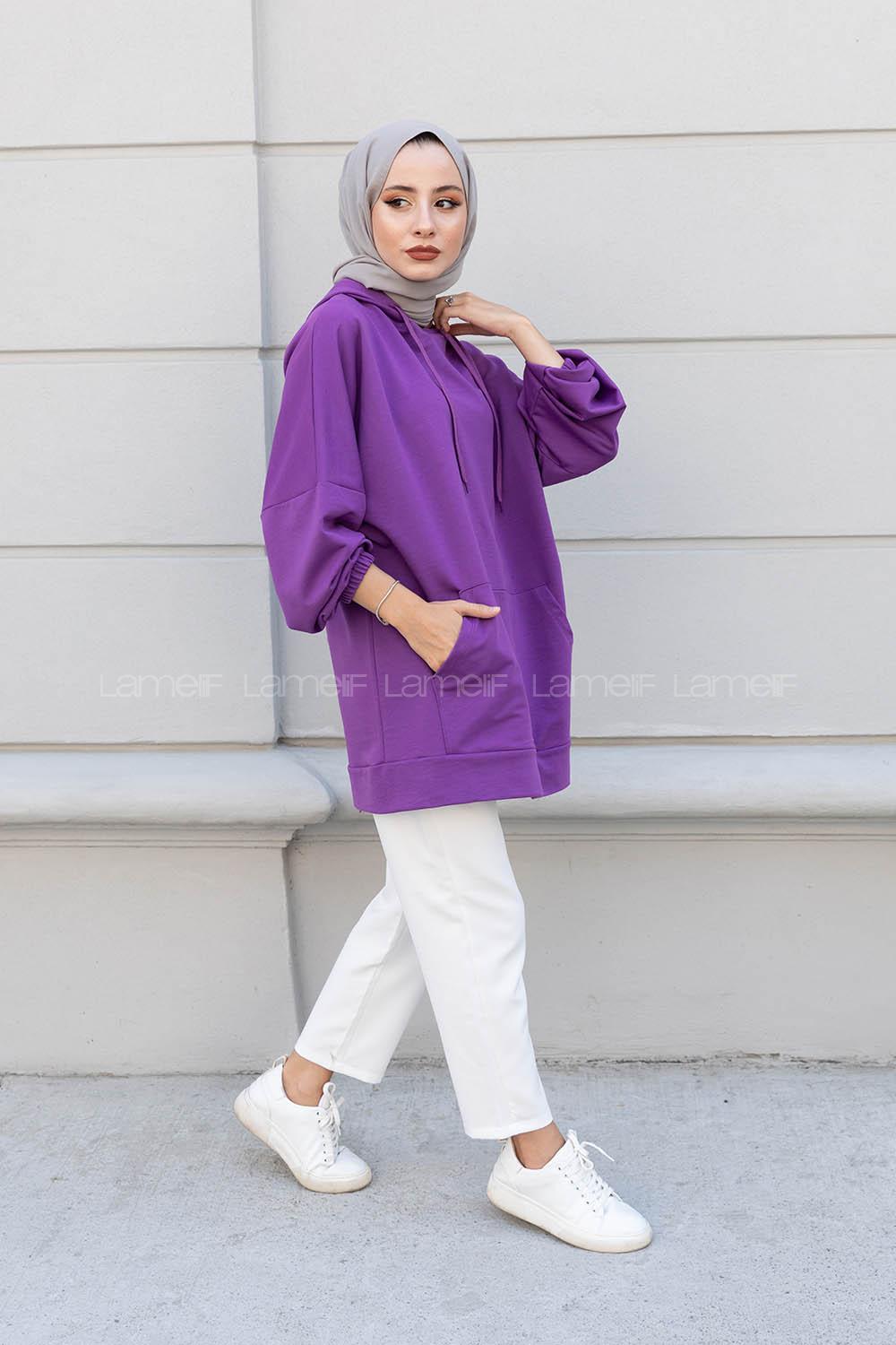 Modalamelif  Kanguru Cepli Kapşonlu Sweatshirt Mor