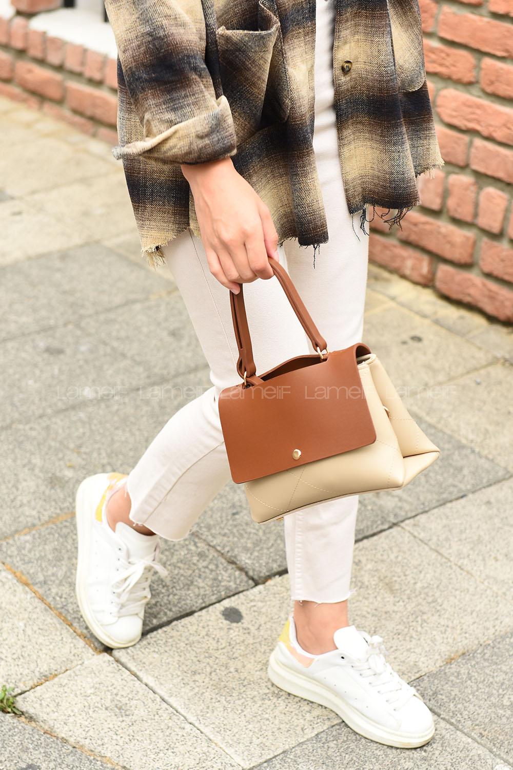 Modalamelif Kapak Renkli Çapraz Çanta Kahverengi