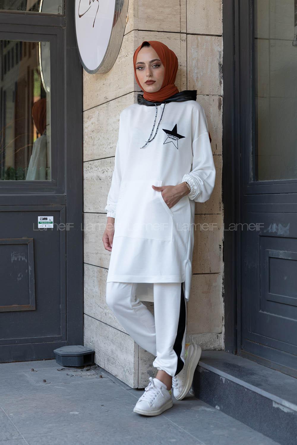 Modalamelif Kapşon Garnili İkili Takım Beyaz