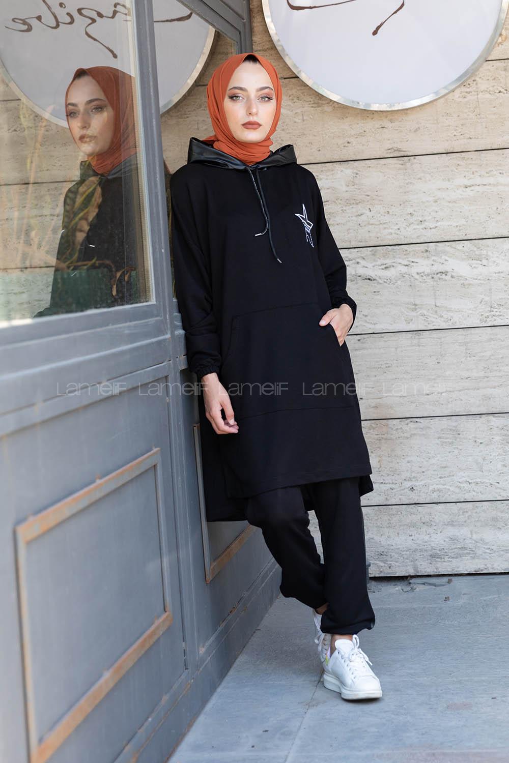 Modalamelif Kapşon Garnili İkili Takım Siyah