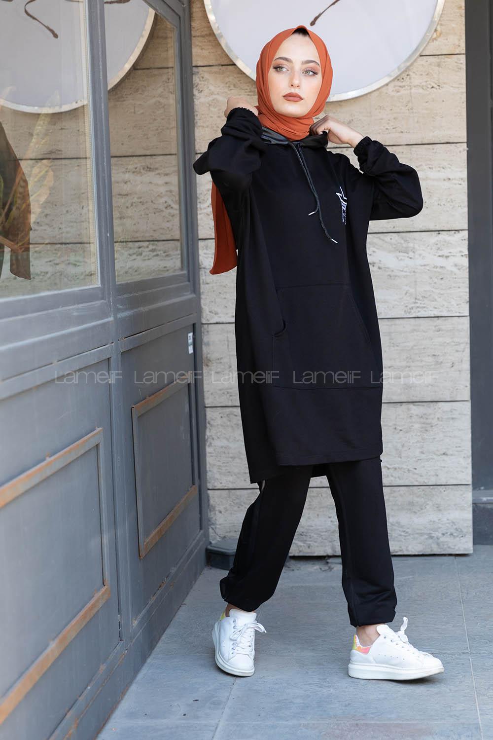 Modalamelif Kapşon Garnili İkili Takım Siyah