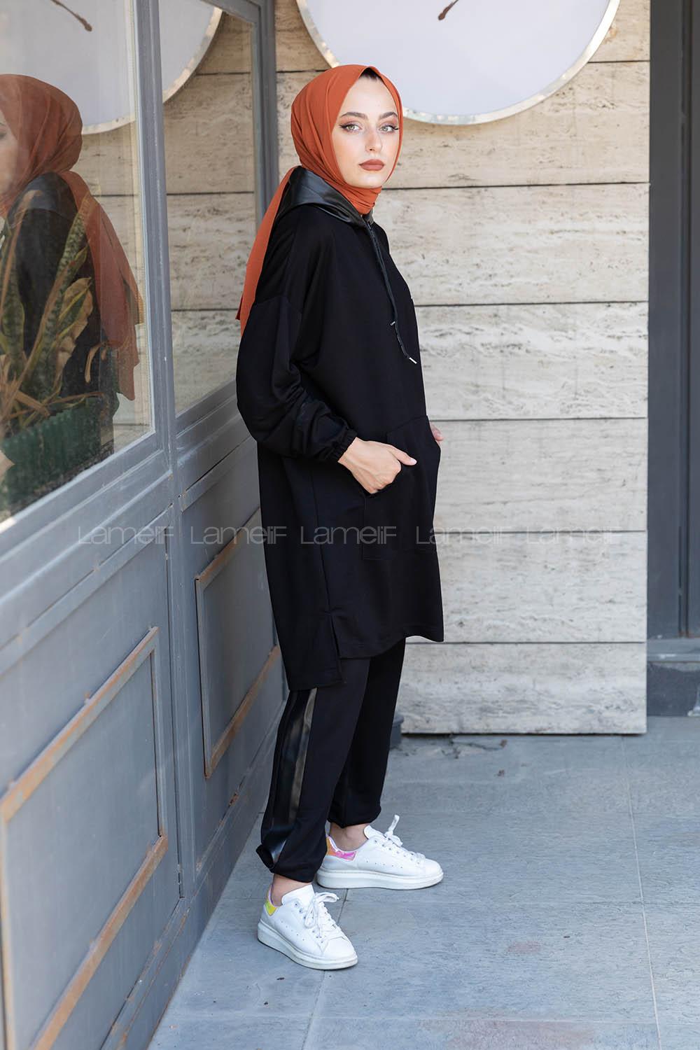 Modalamelif Kapşon Garnili İkili Takım Siyah