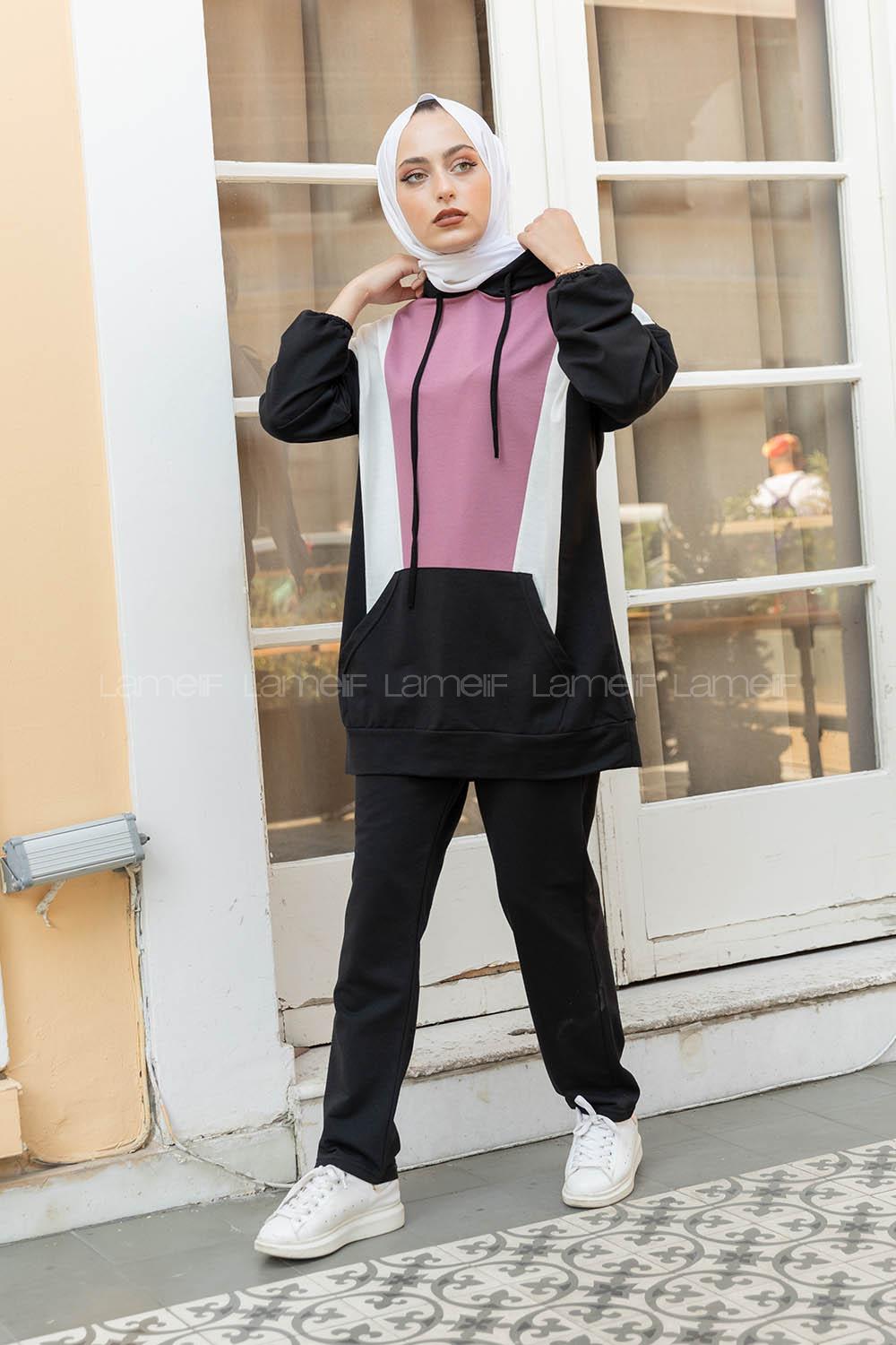 Modalamelif Kapşonlu Garnili İkili Takım Pudra