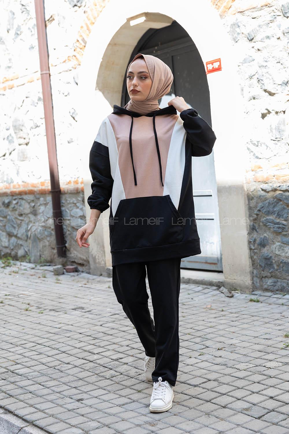 Modalamelif Kapşonlu Garnili İkili Takım Sütlü Kahve