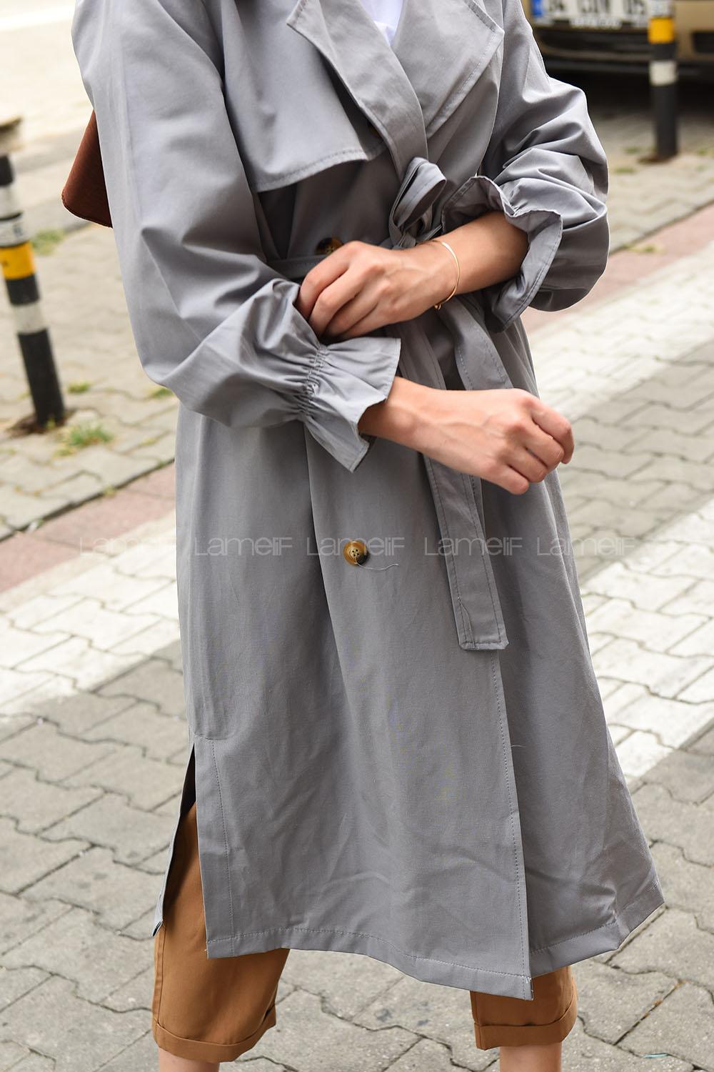 Modalamelif Ön Düğmeli Kuşaklı Trenç Gri