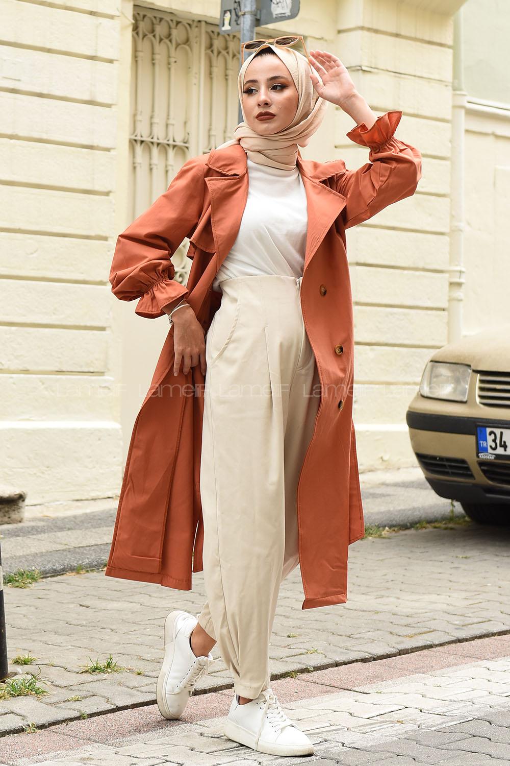 Modalamelif Ön Düğmeli Kuşaklı Trenç Kiremit