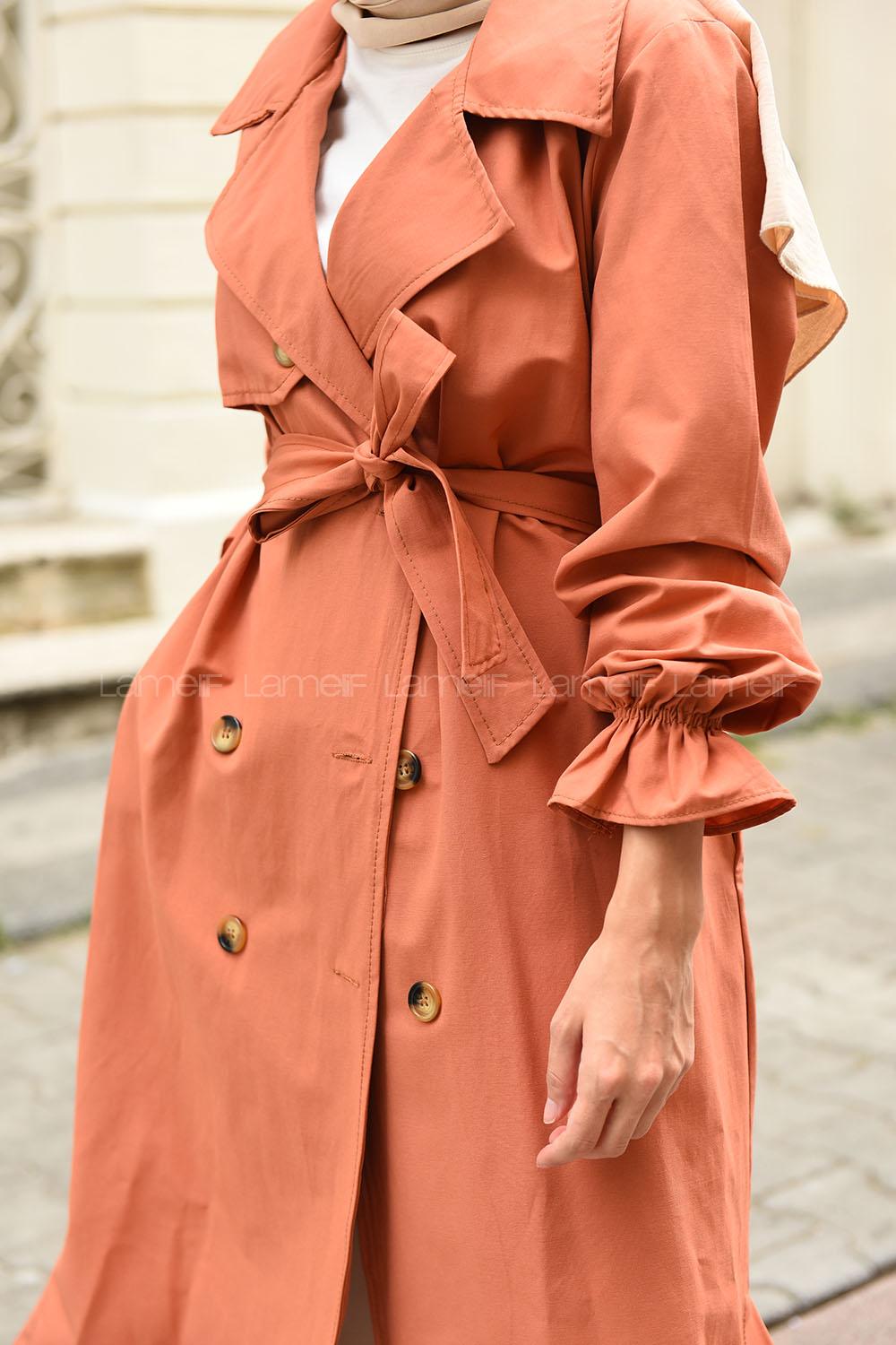 Modalamelif Ön Düğmeli Kuşaklı Trenç Kiremit