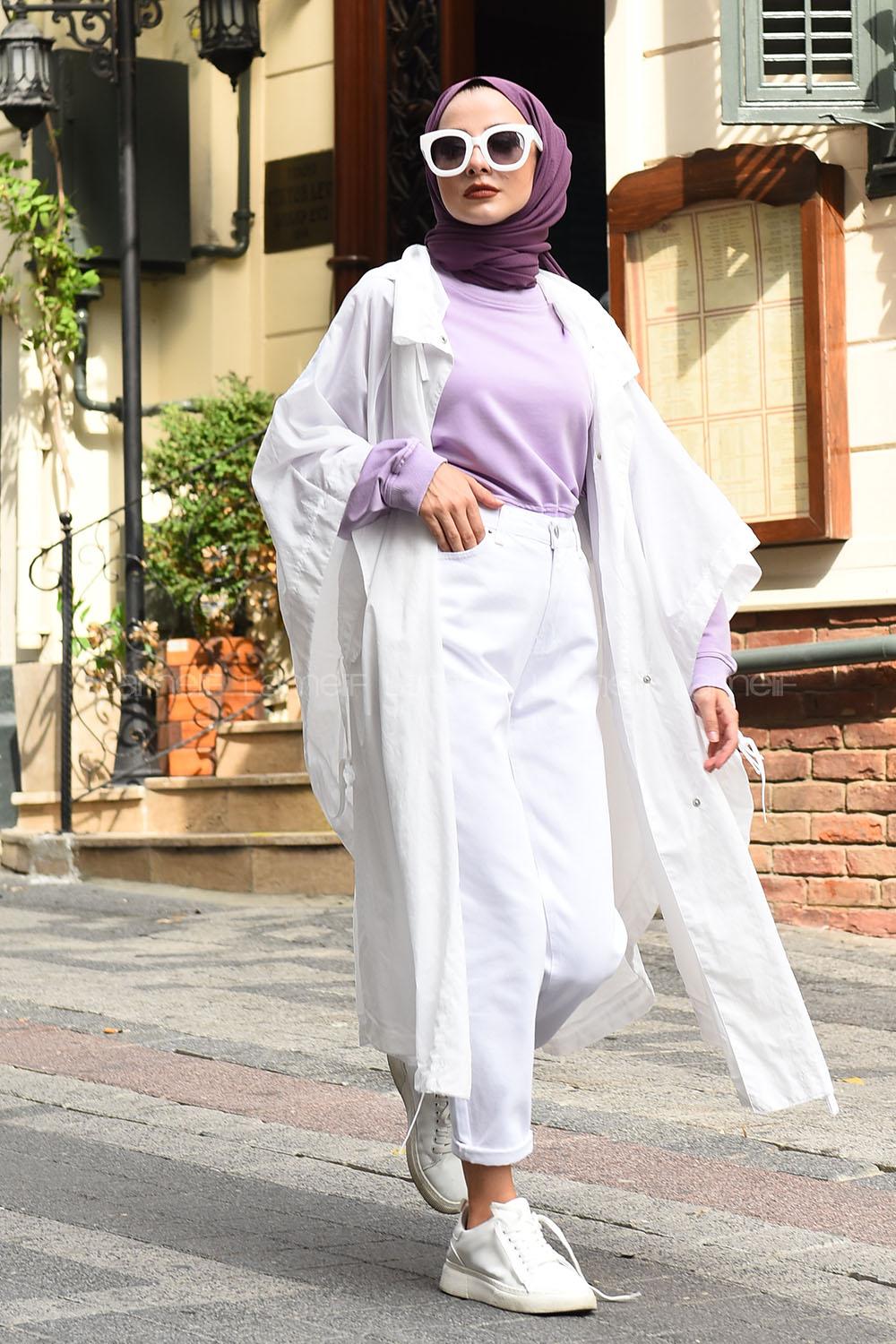 Modalamelif Oversize Kapşonlu Panço Beyaz