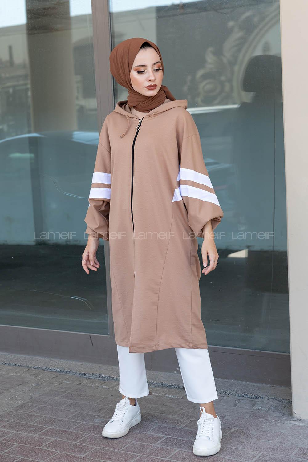 Modalamelif Şerit Detaylı Yarasa Kol Kap Sütlü Kahve