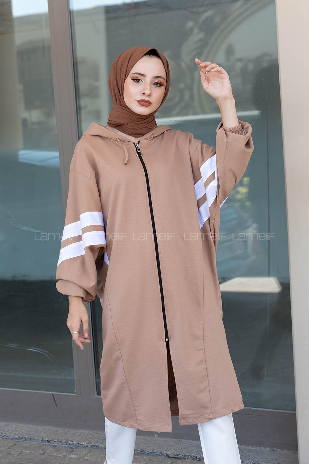 Modalamelif Şerit Detaylı Yarasa Kol Kap Sütlü Kahve