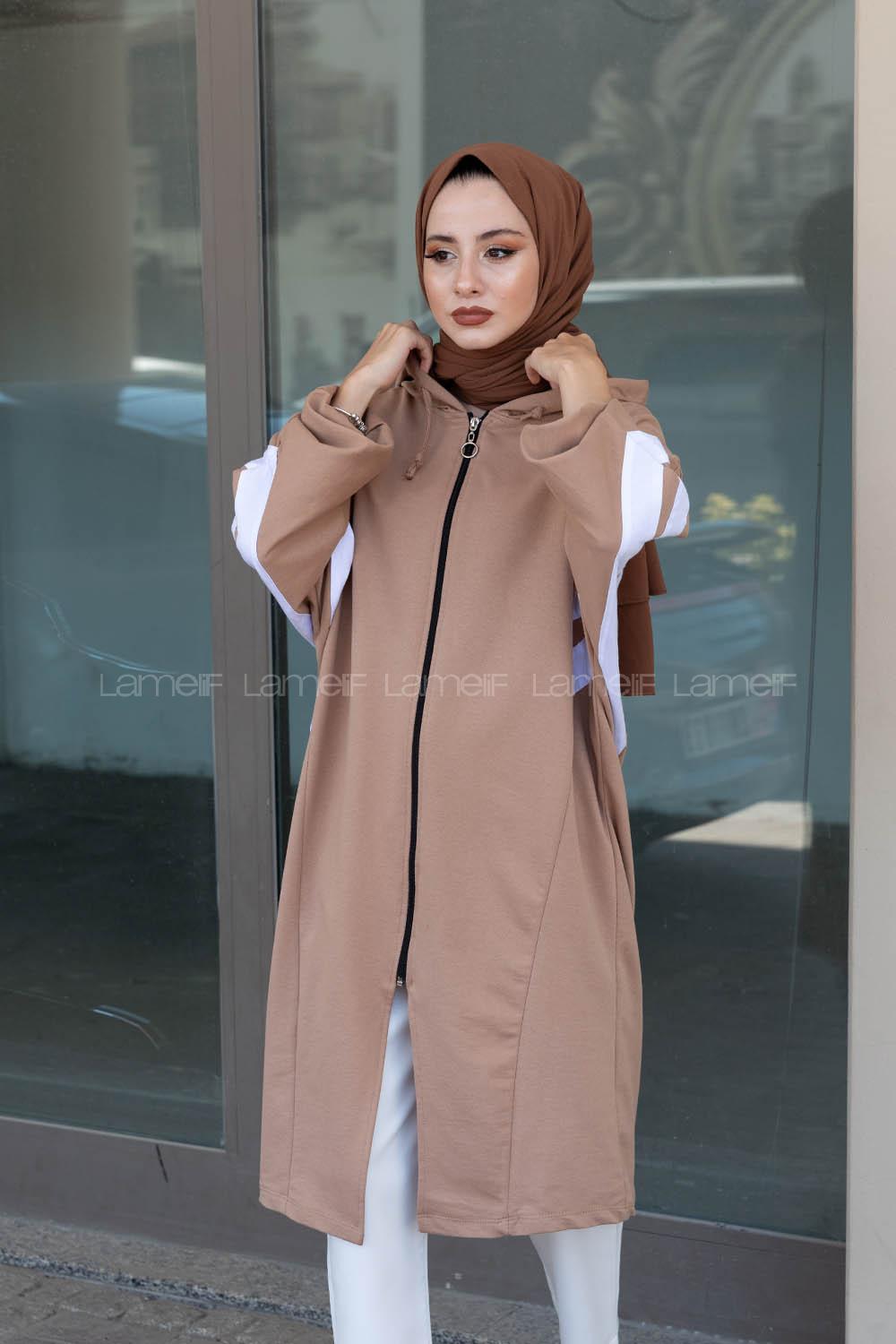 Modalamelif Şerit Detaylı Yarasa Kol Kap Sütlü Kahve