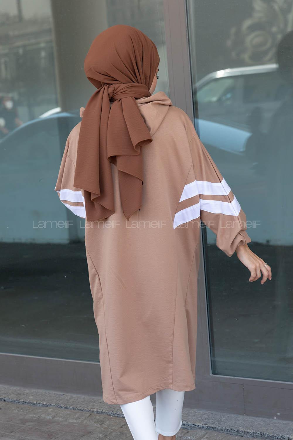 Modalamelif Şerit Detaylı Yarasa Kol Kap Sütlü Kahve