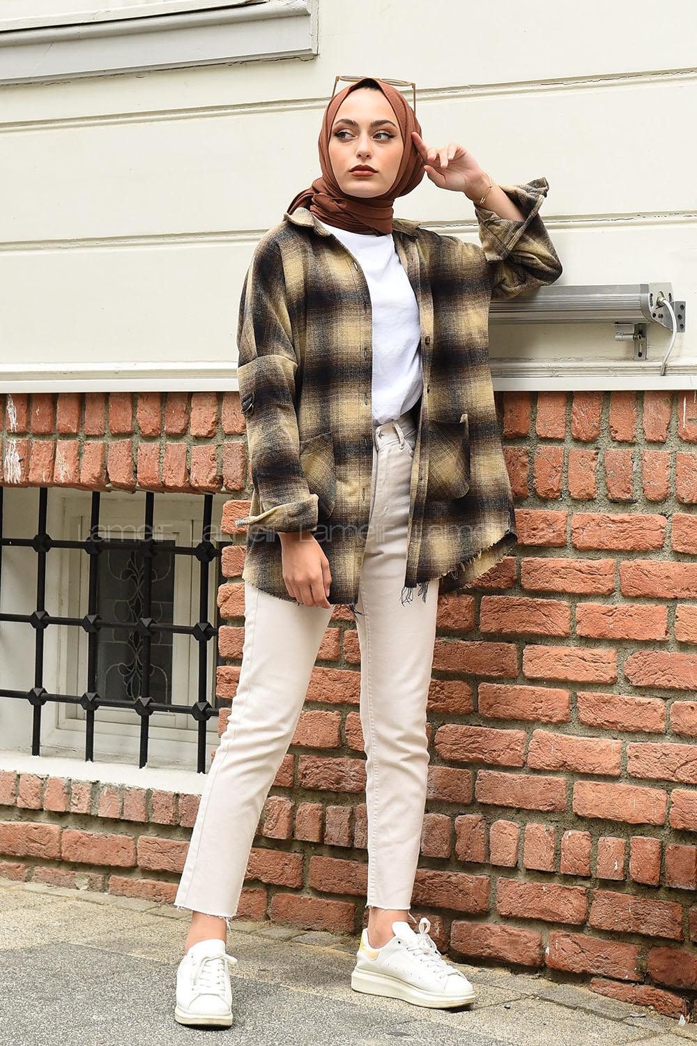 Modalamelif Yarasa Kol Oduncu Gömlek Kahve Bej