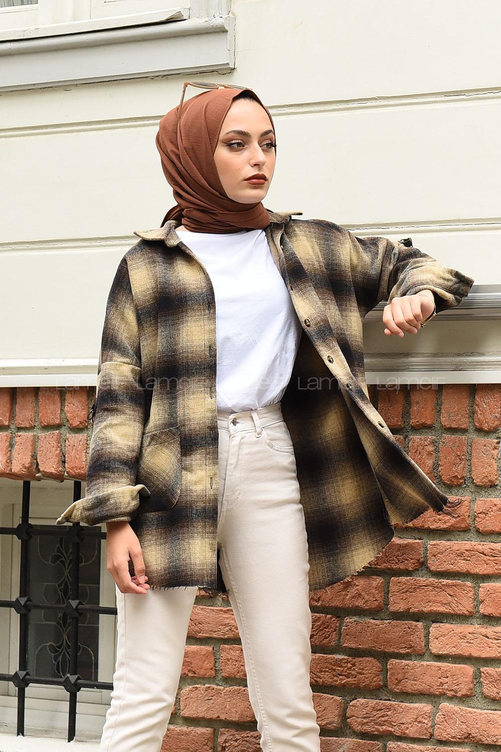 Modalamelif Yarasa Kol Oduncu Gömlek Kahve Bej