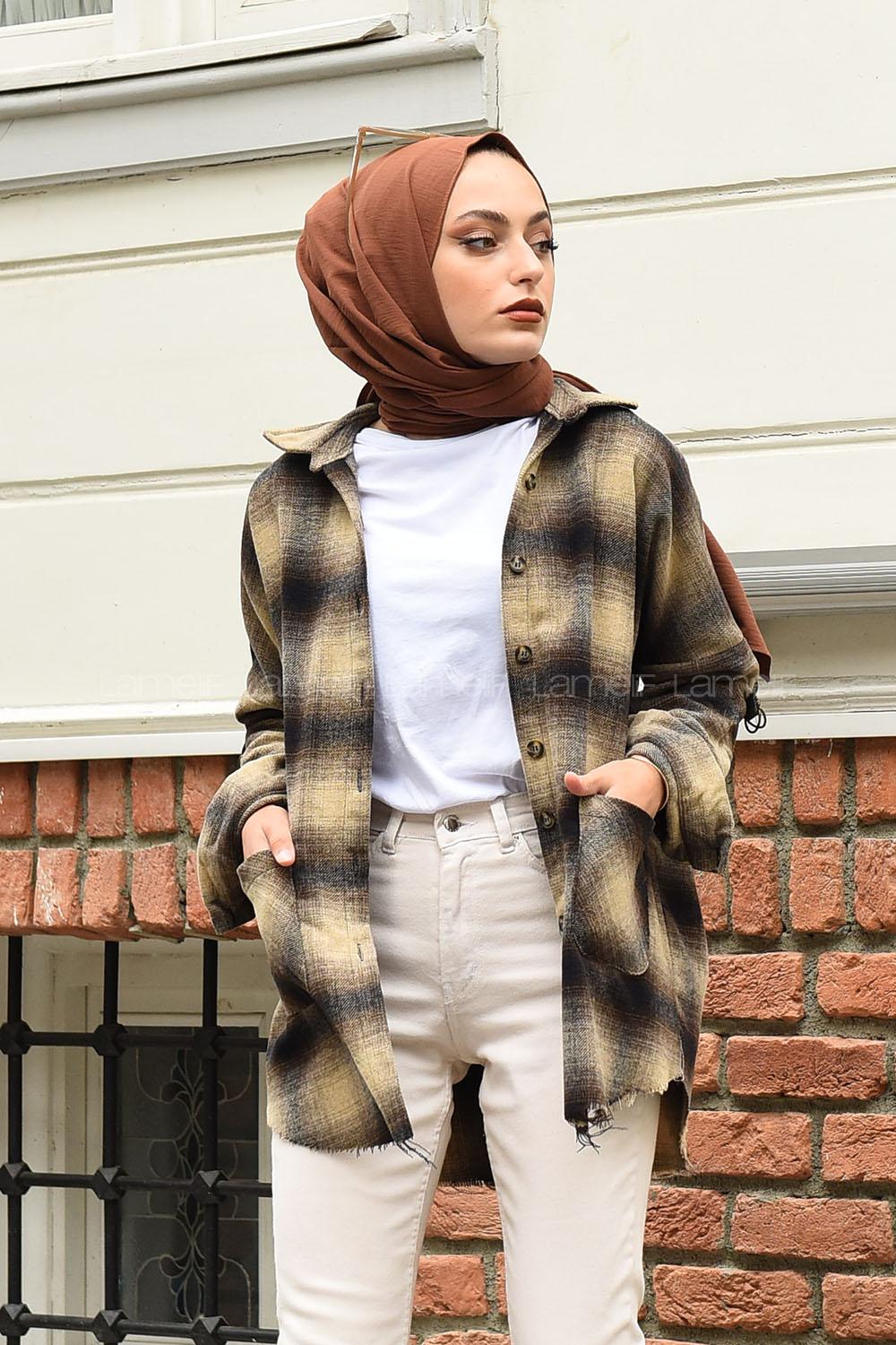 Modalamelif Yarasa Kol Oduncu Gömlek Kahve Bej