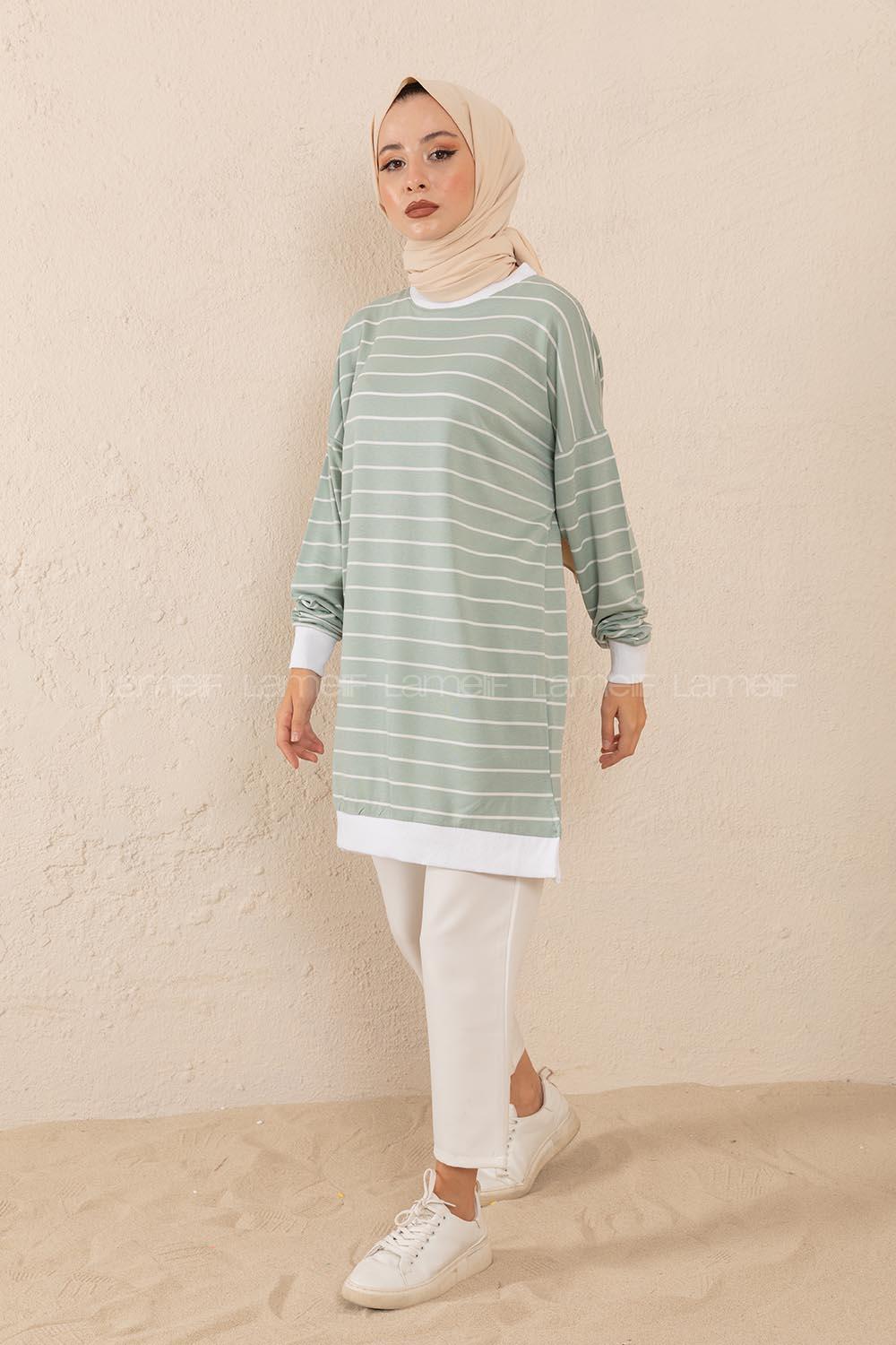 Modalamelif Bisiket Yaka Çizgili Sweatshirt Çağla