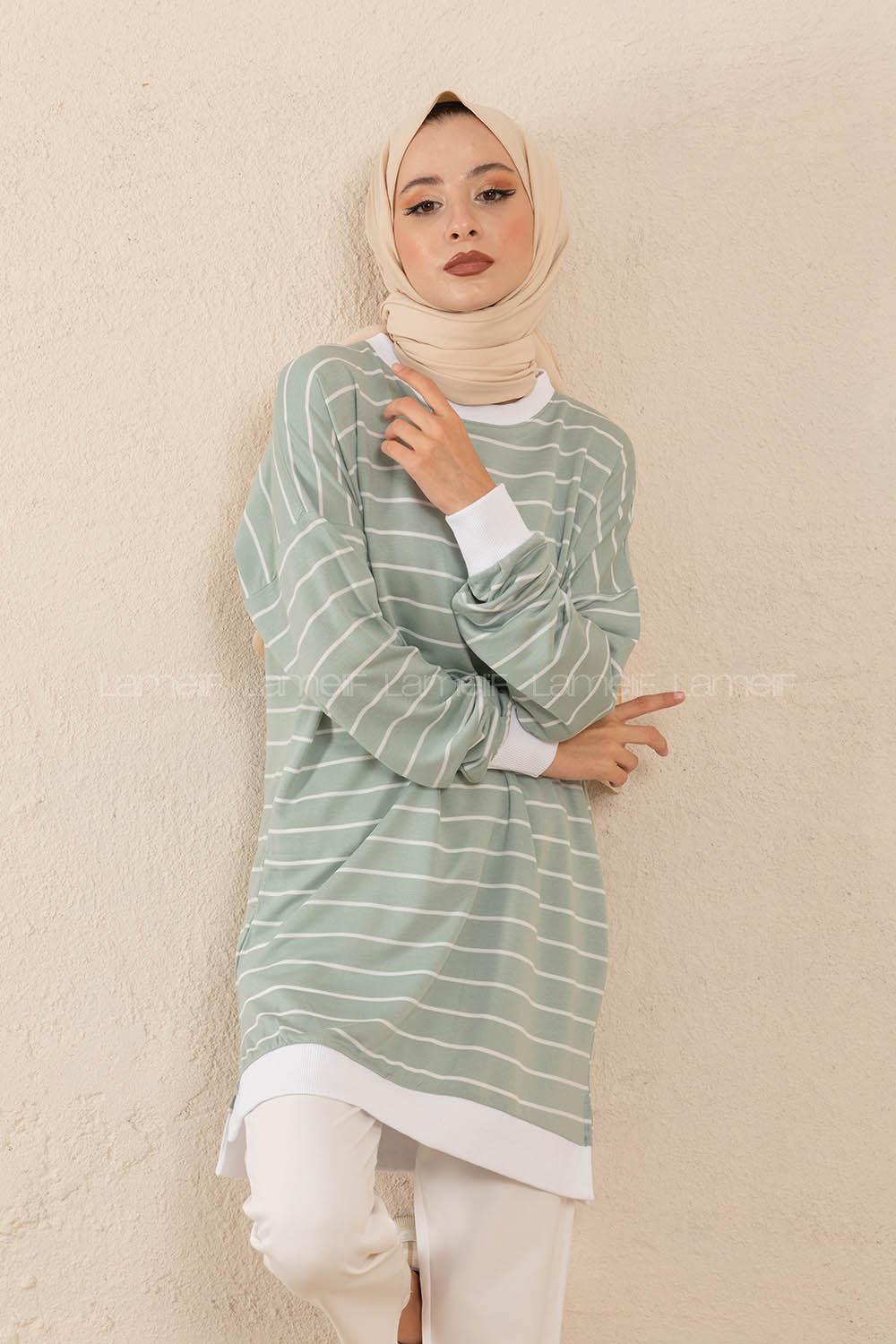 Modalamelif Bisiket Yaka Çizgili Sweatshirt Çağla