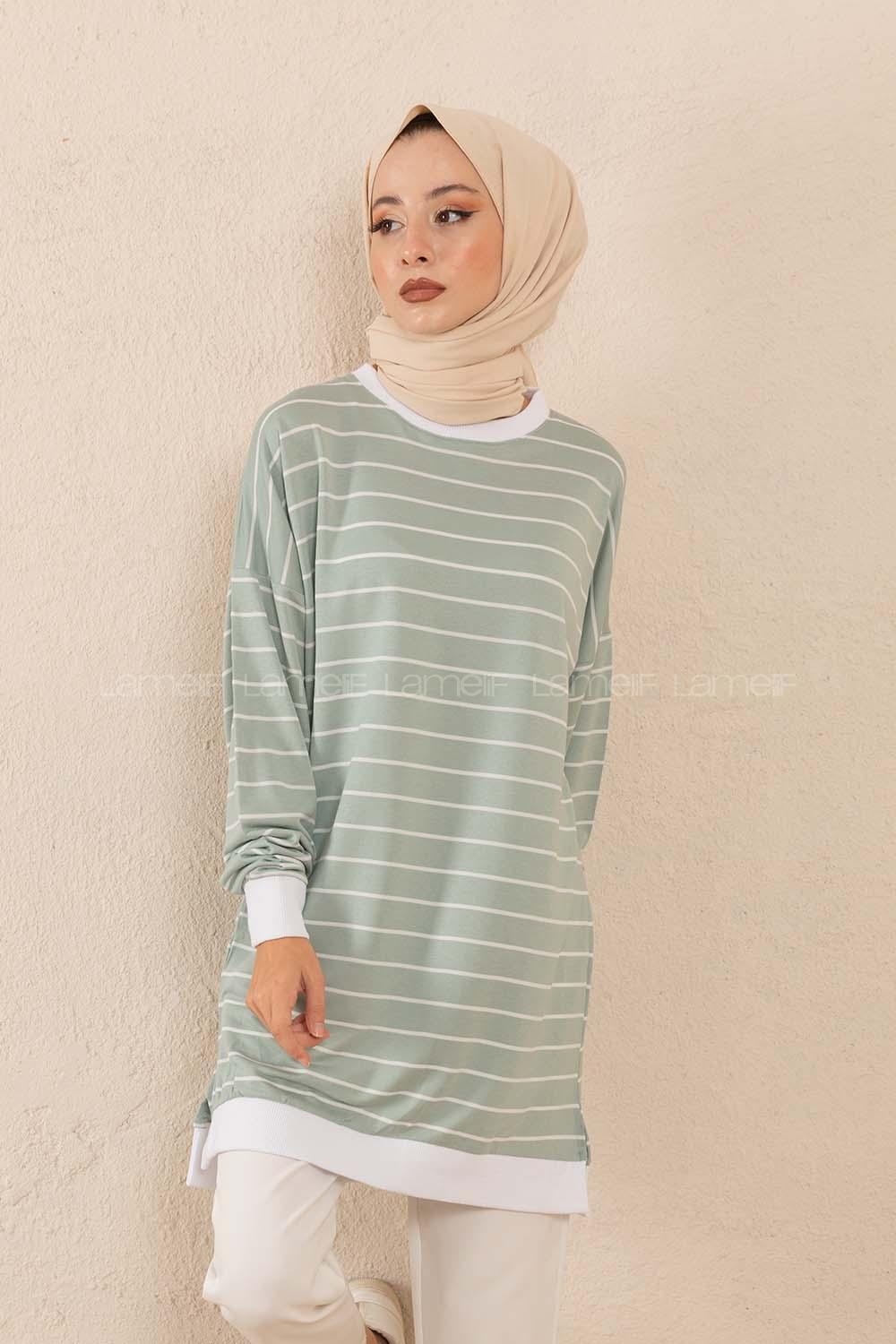 Modalamelif Bisiket Yaka Çizgili Sweatshirt Çağla