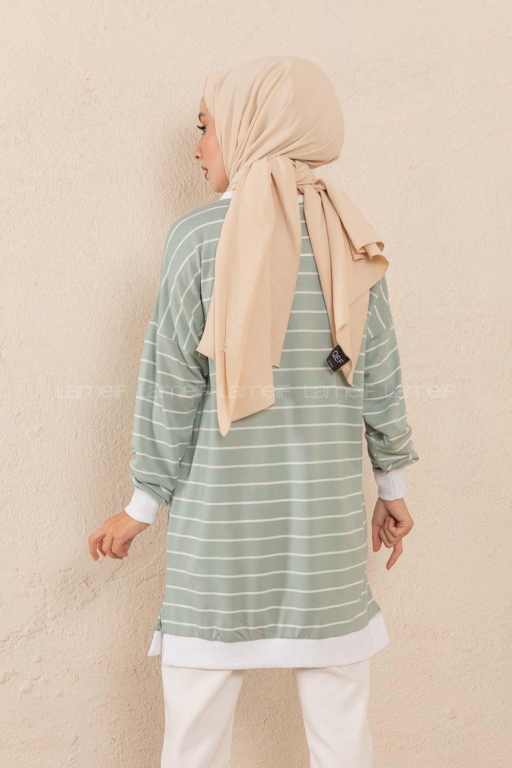 Modalamelif Bisiket Yaka Çizgili Sweatshirt Çağla