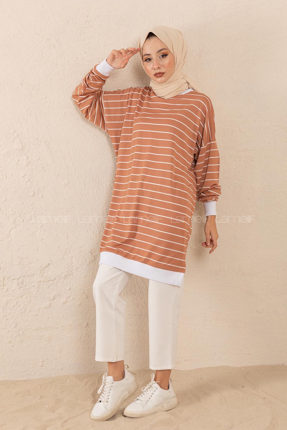 Modalamelif Bisiket Yaka Çizgili Sweatshirt Gül