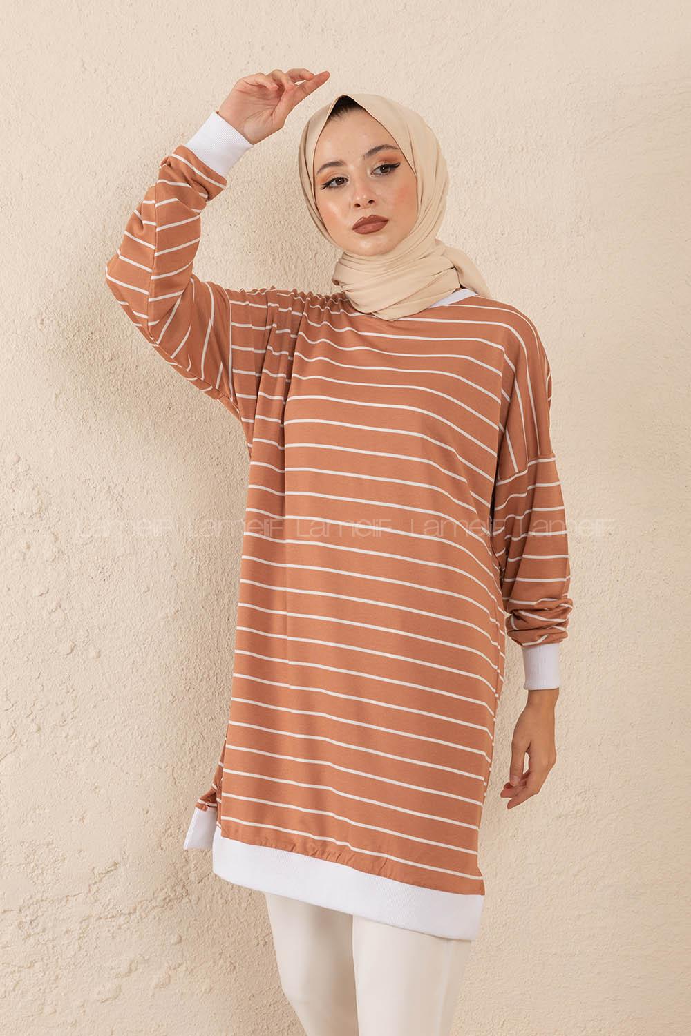 Modalamelif Bisiket Yaka Çizgili Sweatshirt Gül