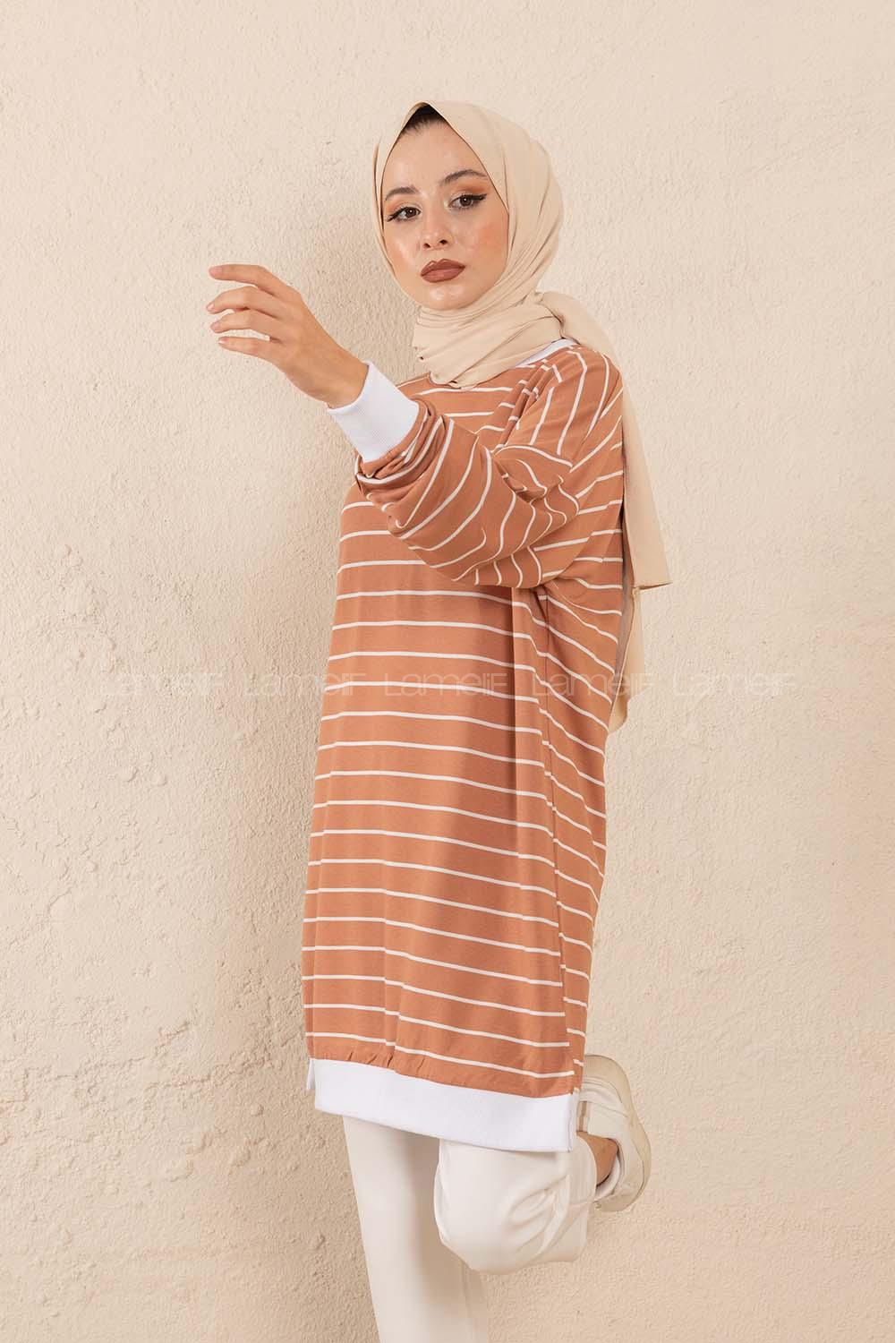 Modalamelif Bisiket Yaka Çizgili Sweatshirt Gül