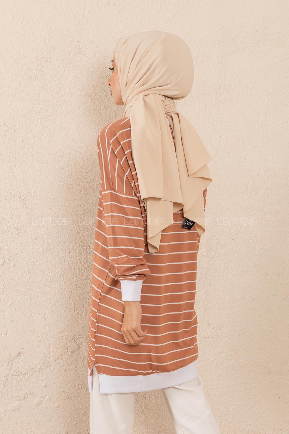 Modalamelif Bisiket Yaka Çizgili Sweatshirt Gül