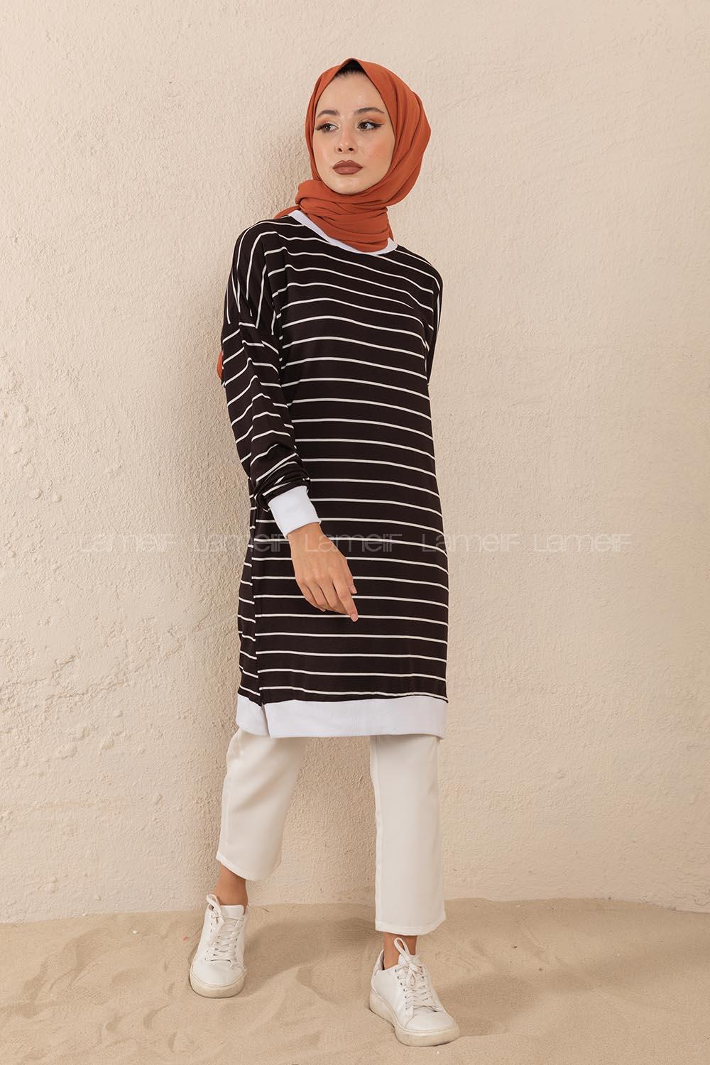 Modalamelif Bisiket Yaka Çizgili Sweatshirt Siyah