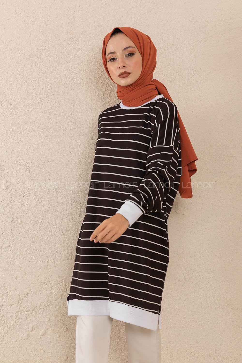 Modalamelif Bisiket Yaka Çizgili Sweatshirt Siyah