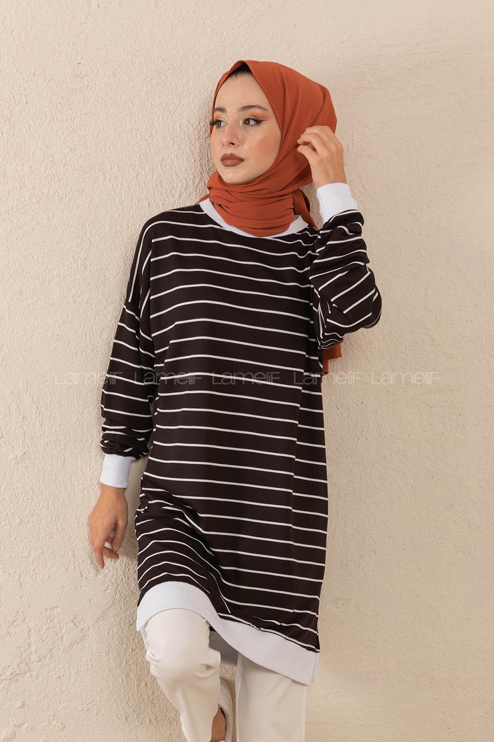 Modalamelif Bisiket Yaka Çizgili Sweatshirt Siyah