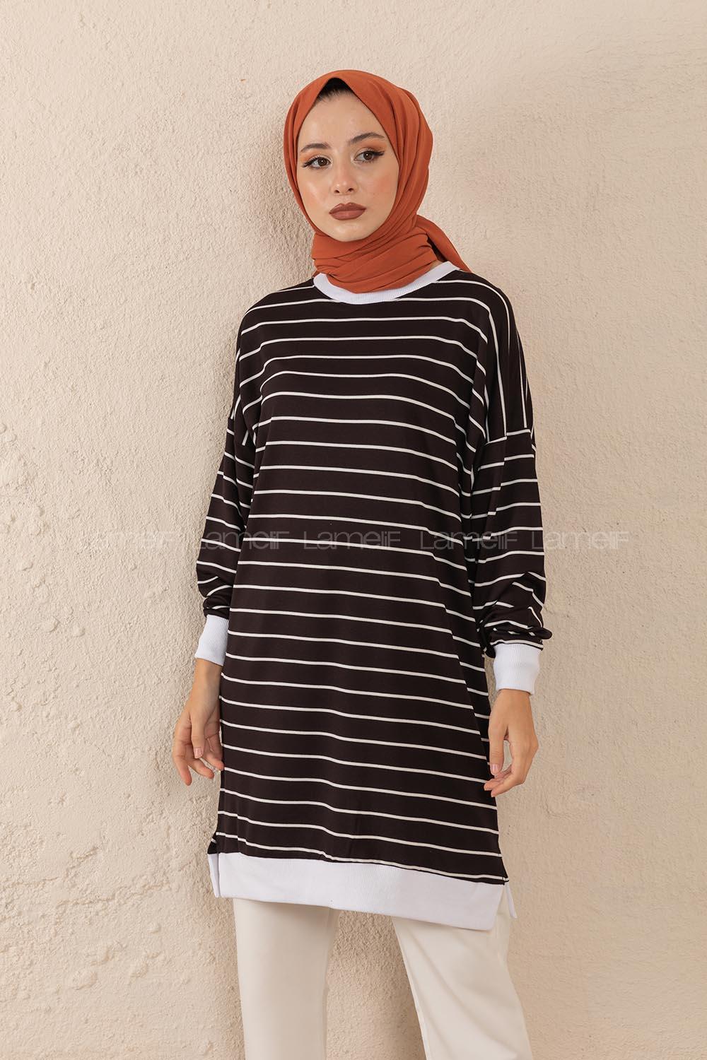 Modalamelif Bisiket Yaka Çizgili Sweatshirt Siyah