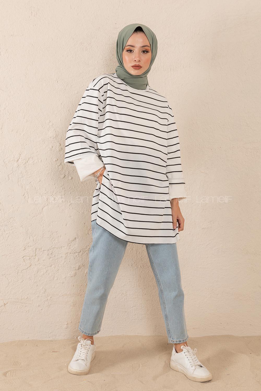 Modalamelif Bisiklet Yaka Çizgili Salaş T-Shirt Beyaz