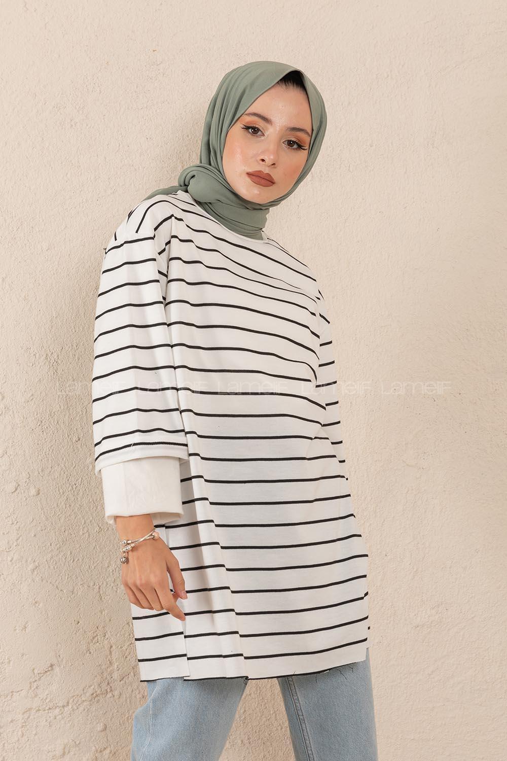 Modalamelif Bisiklet Yaka Çizgili Salaş T-Shirt Beyaz