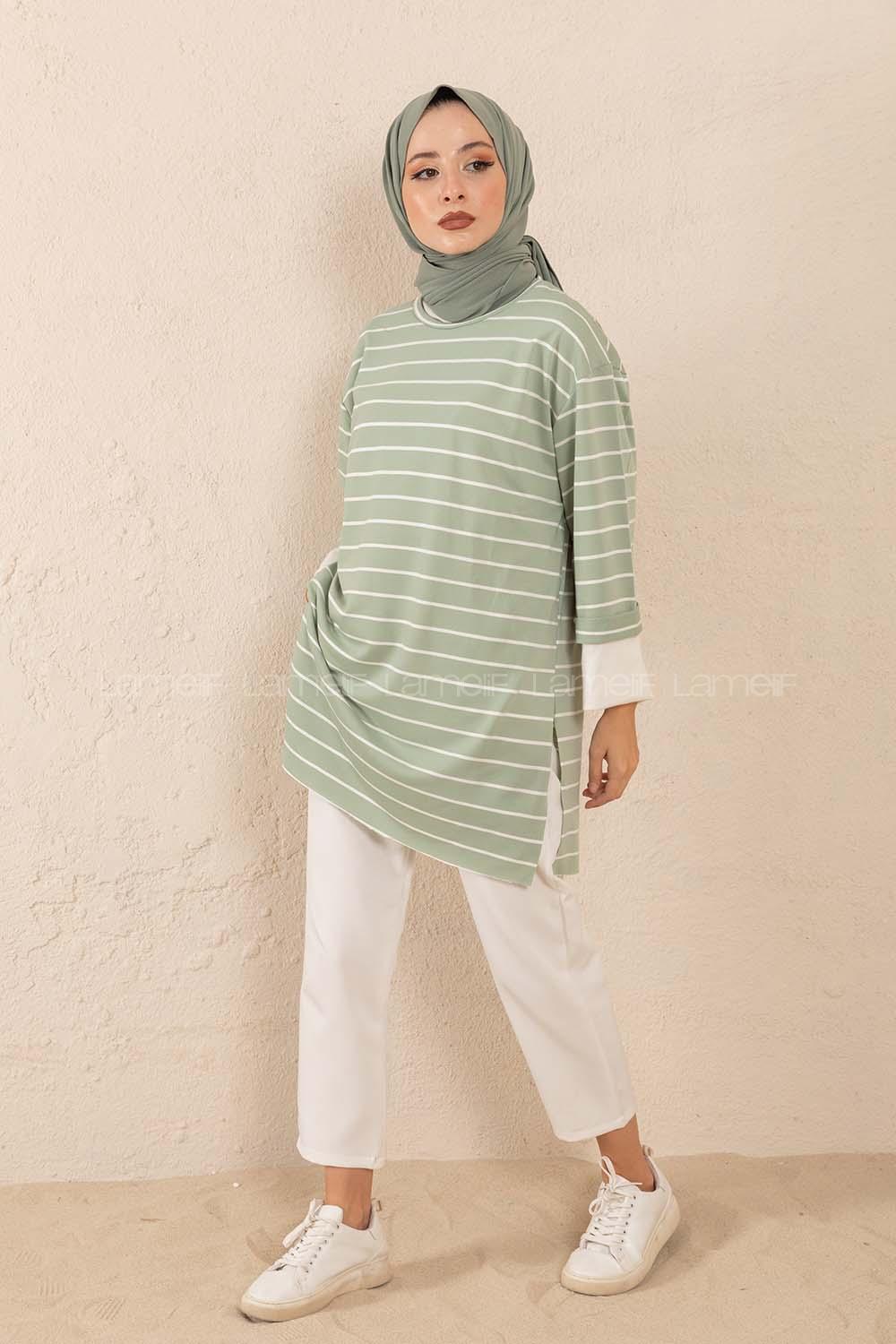 Modalamelif Bisiklet Yaka Çizgili Salaş T-Shirt Çağla Yeşili