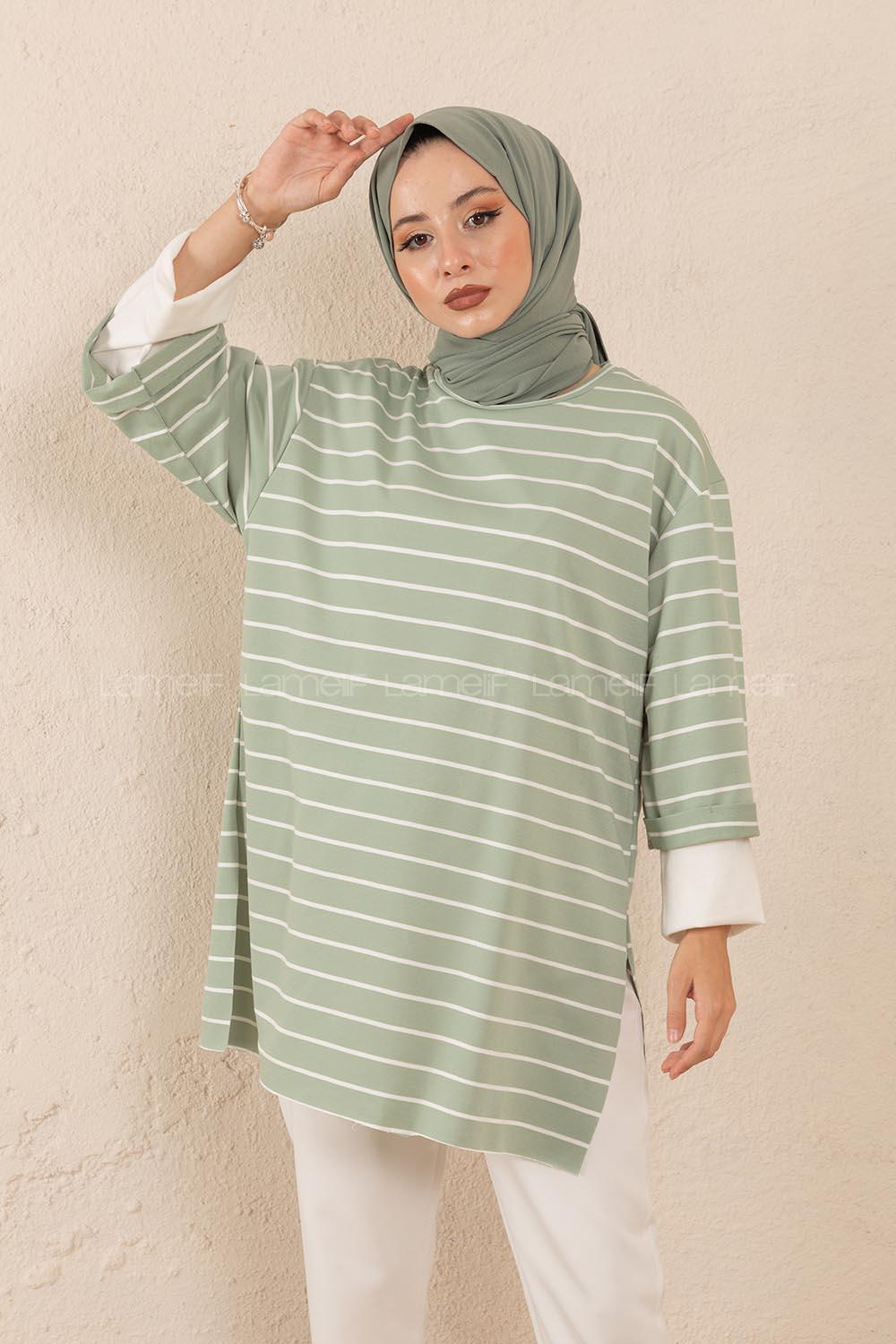 Modalamelif Bisiklet Yaka Çizgili Salaş T-Shirt Çağla Yeşili