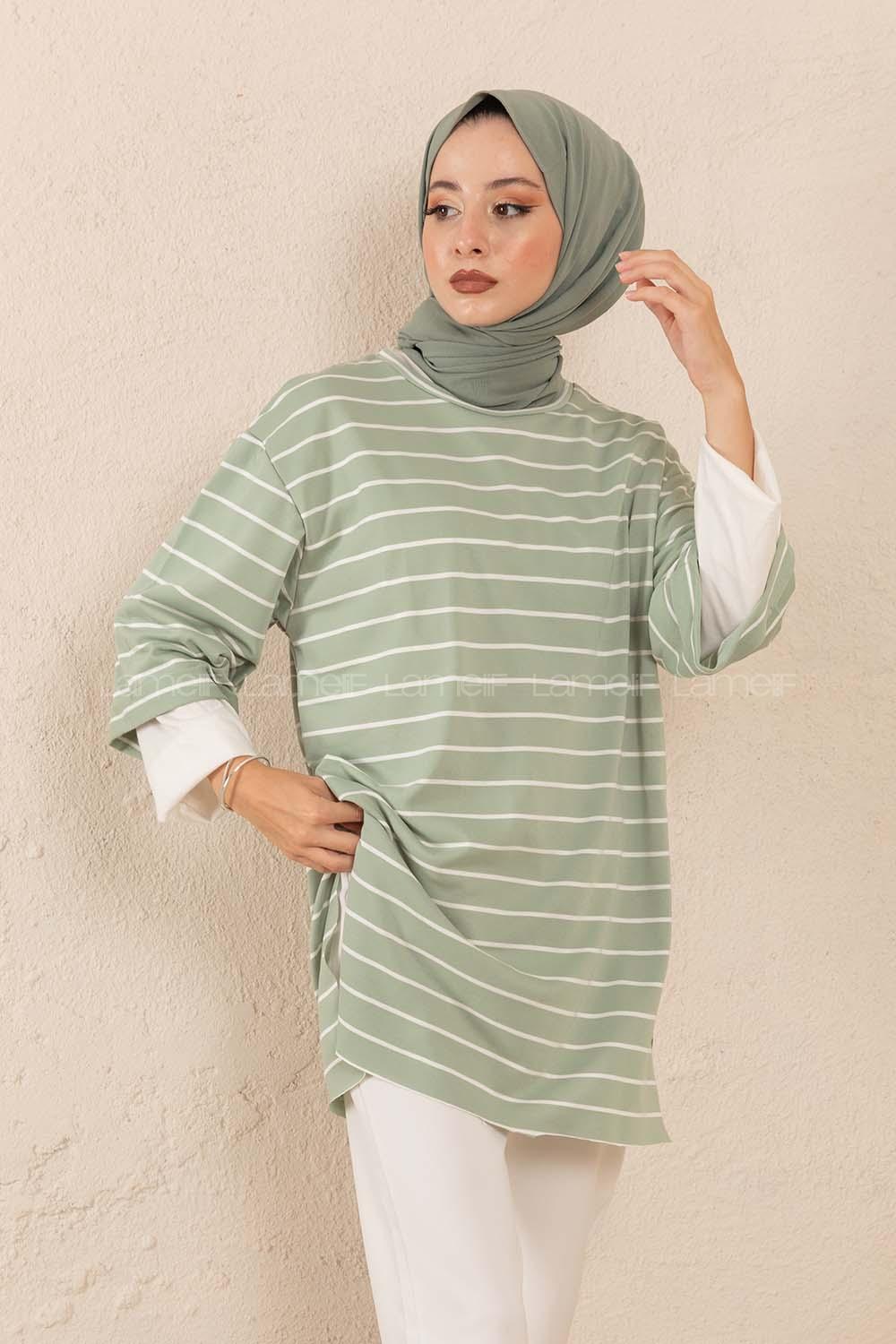 Modalamelif Bisiklet Yaka Çizgili Salaş T-Shirt Çağla Yeşili