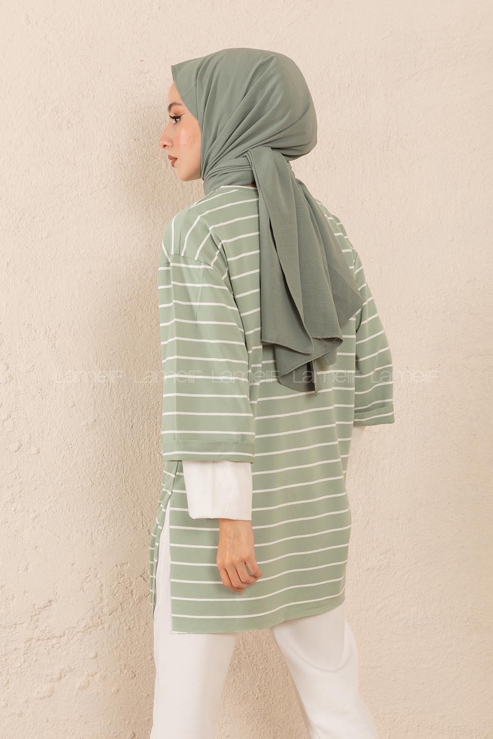 Modalamelif Bisiklet Yaka Çizgili Salaş T-Shirt Çağla Yeşili