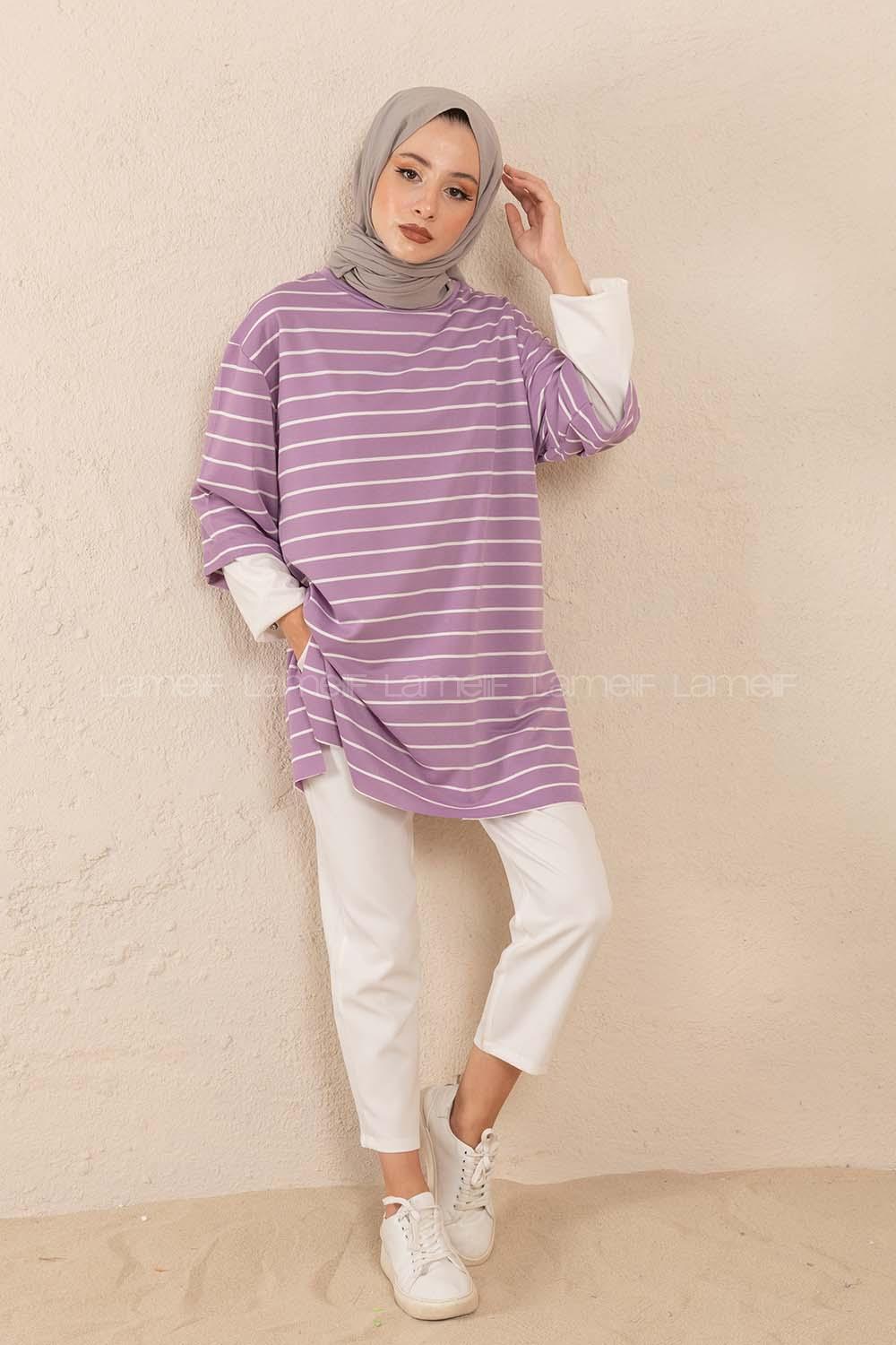 Modalamelif Bisiklet Yaka Çizgili Salaş T-Shirt Lila