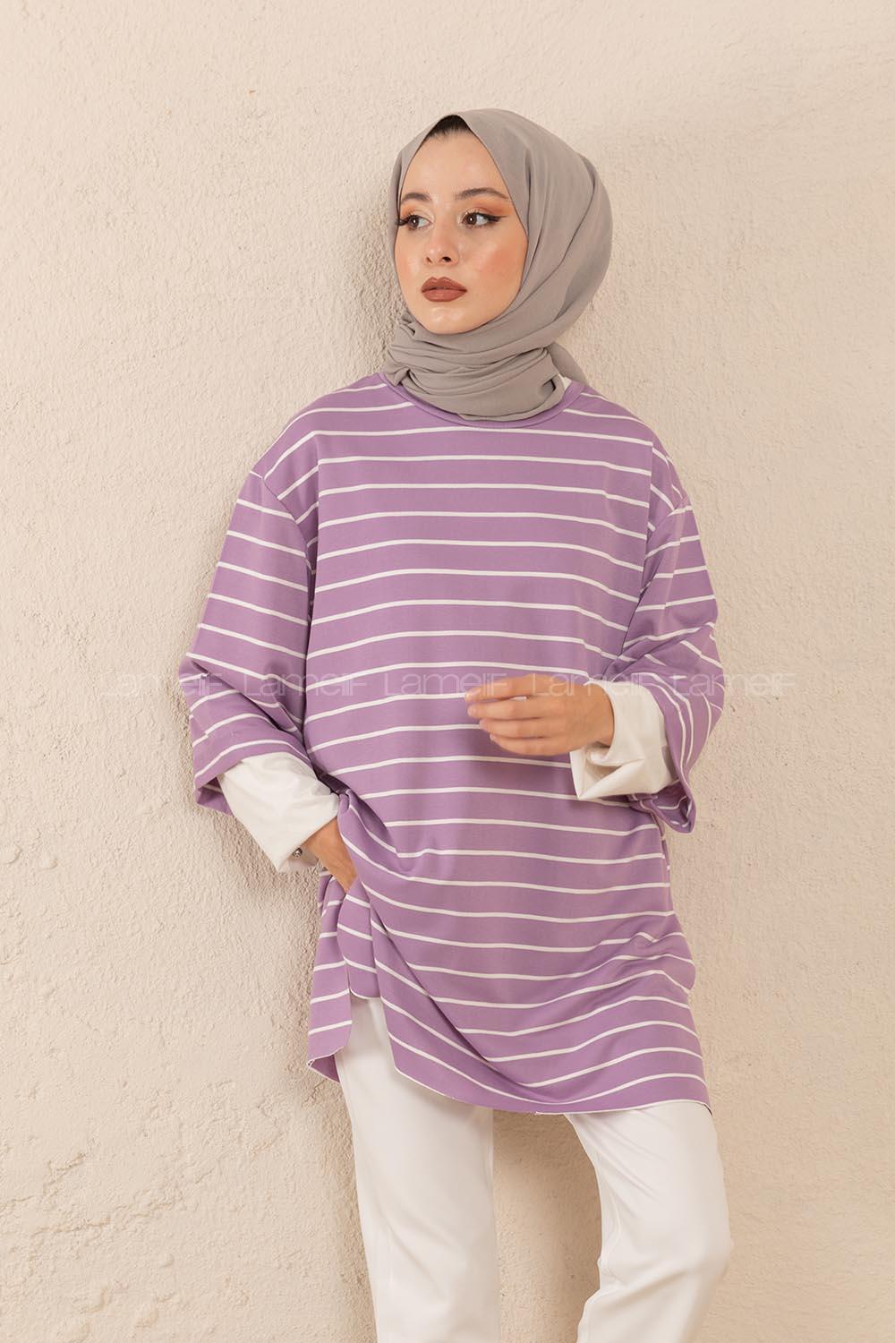 Modalamelif Bisiklet Yaka Çizgili Salaş T-Shirt Lila